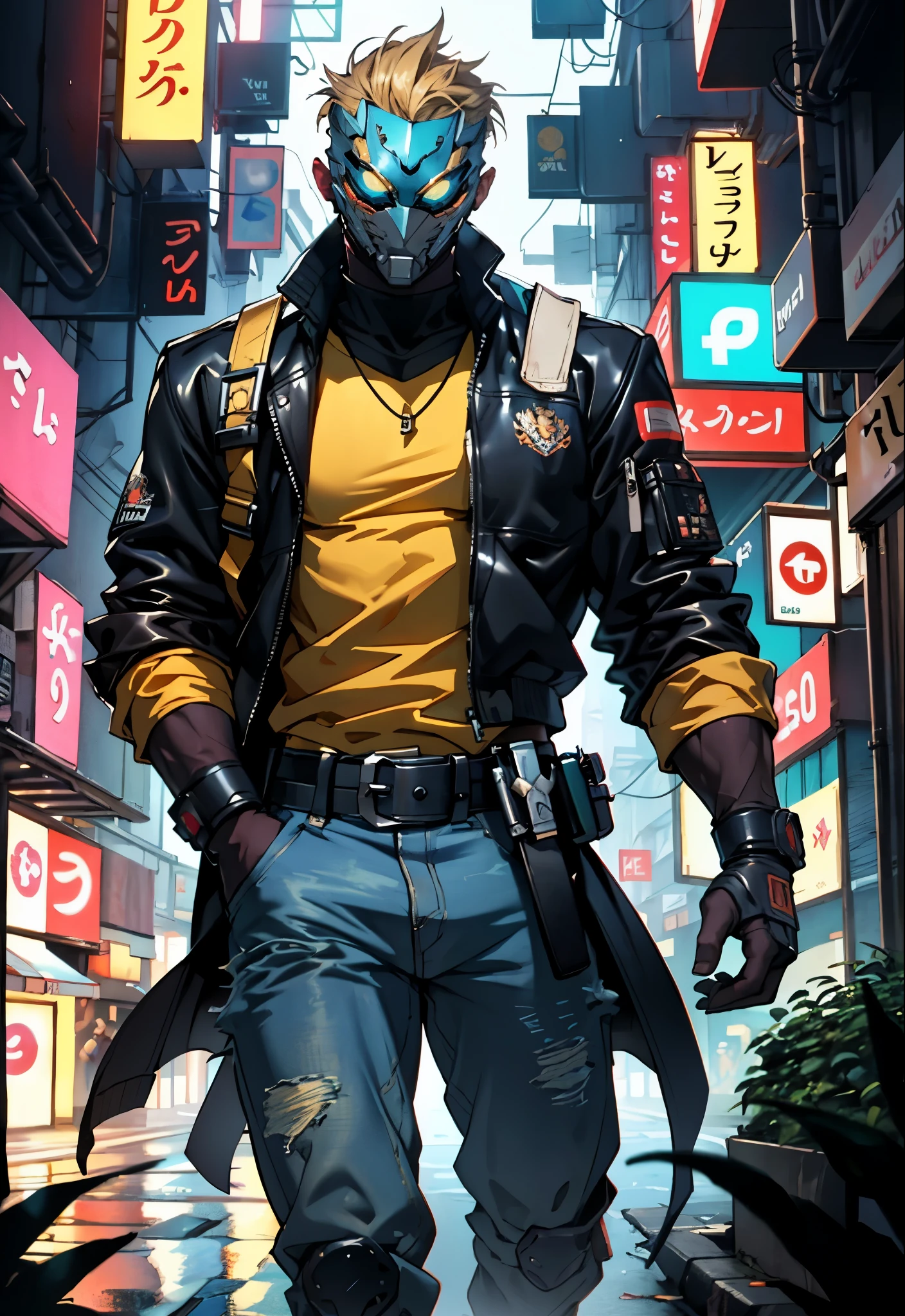 An adult man with messy short dark golden hair, a metallic beast concept mask covering his entire face, full mask, cold and penetrating gaze, a disdainful smirk plays at the corner of his mouth, a loose cyberpunk-style short jacket over a shirt, metal wrist guards, a belt around his waist, loose utility pants, adopting a relaxed posture within the cyberpunk-style city, city night view, this character embodies a finely crafted cyberpunk-style masked warrior in anime style, exquisite and mature manga art style, high definition, best quality, highres, ultra-detailed, ultra-fine painting, extremely delicate, professional, perfect body proportions, golden ratio, anatomically correct, symmetrical face, extremely detailed eyes and face, high quality eyes, creativity, RAW photo, UHD, 32k, Natural light, cinematic lighting, masterpiece-anatomy-perfect, masterpiece:1.5