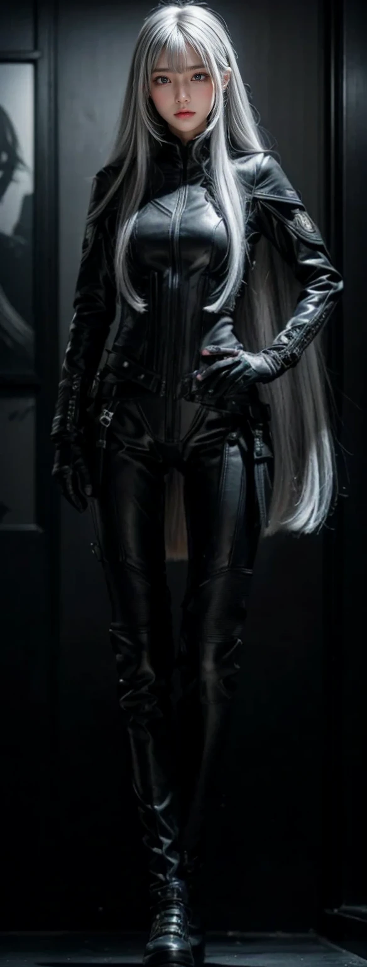 waist length hair,shiny hair,4 fingers,sharp gaze,{{{{{White eyes}}}}},{{{{{White eyes}}}}},{long hair},{{straight hair}},black gloves,black clothes,black military suit,{military},{{{{{dull bangs}}}}},Hard hair,(slanted eyes},{{whole body},{{{1 girl}}}, {{{{silver hair}}}},{{{tsurime}}},36 years old,white people,silver eyes,thin,{{{masterpiece}}}, {{{highest quality}}}, {{Super detailed}}, {shape}, {{very delicate and beautiful}},very detailed,Detailed completeness,Detailed Hyper,military clothes,{{bangs}}