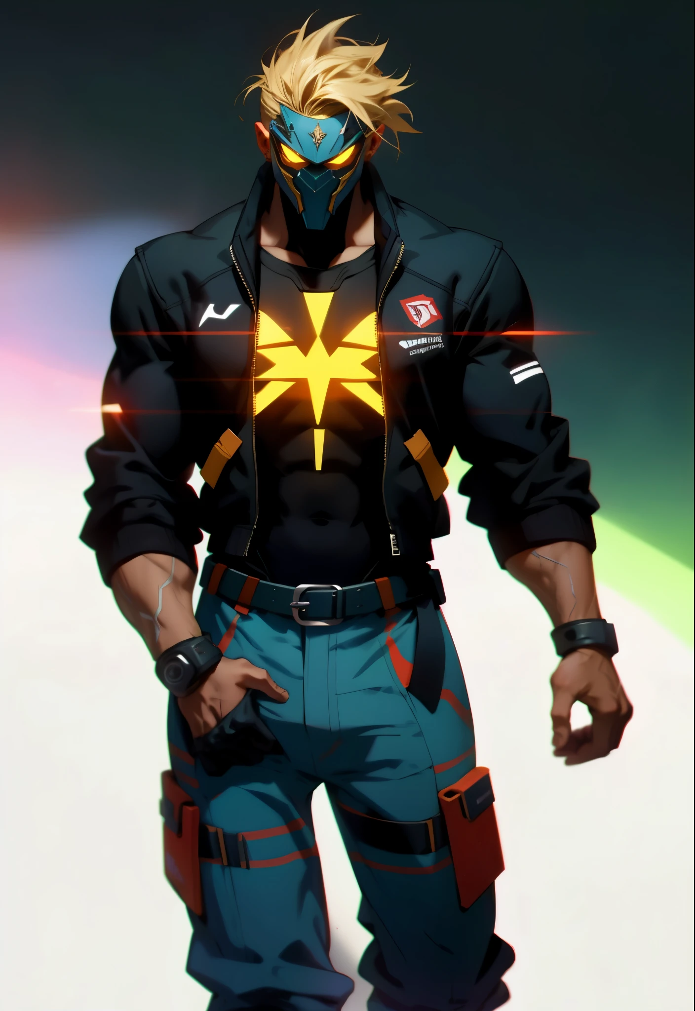 An adult man with tousled and messy dark blonde hair, a metallic beast concept mask covering his entire face, full mask, cold and penetrating gaze, a sturdy physique, a loose cyberpunk-style short jacket over a T-shirt, metal wrist guards, a belt around his waist, loose utility pants, adopting a relaxed posture within the cyberpunk-style city, city night view, this character embodies a finely crafted cyberpunk-style masked warrior in anime style, exquisite and mature manga art style, high definition, best quality, highres, ultra-detailed, ultra-fine painting, extremely delicate, professional, perfect body proportions, golden ratio, anatomically correct, symmetrical face, extremely detailed eyes and face, high quality eyes, creativity, RAW photo, UHD, 32k, Natural light, cinematic lighting, masterpiece-anatomy-perfect, masterpiece:1.5