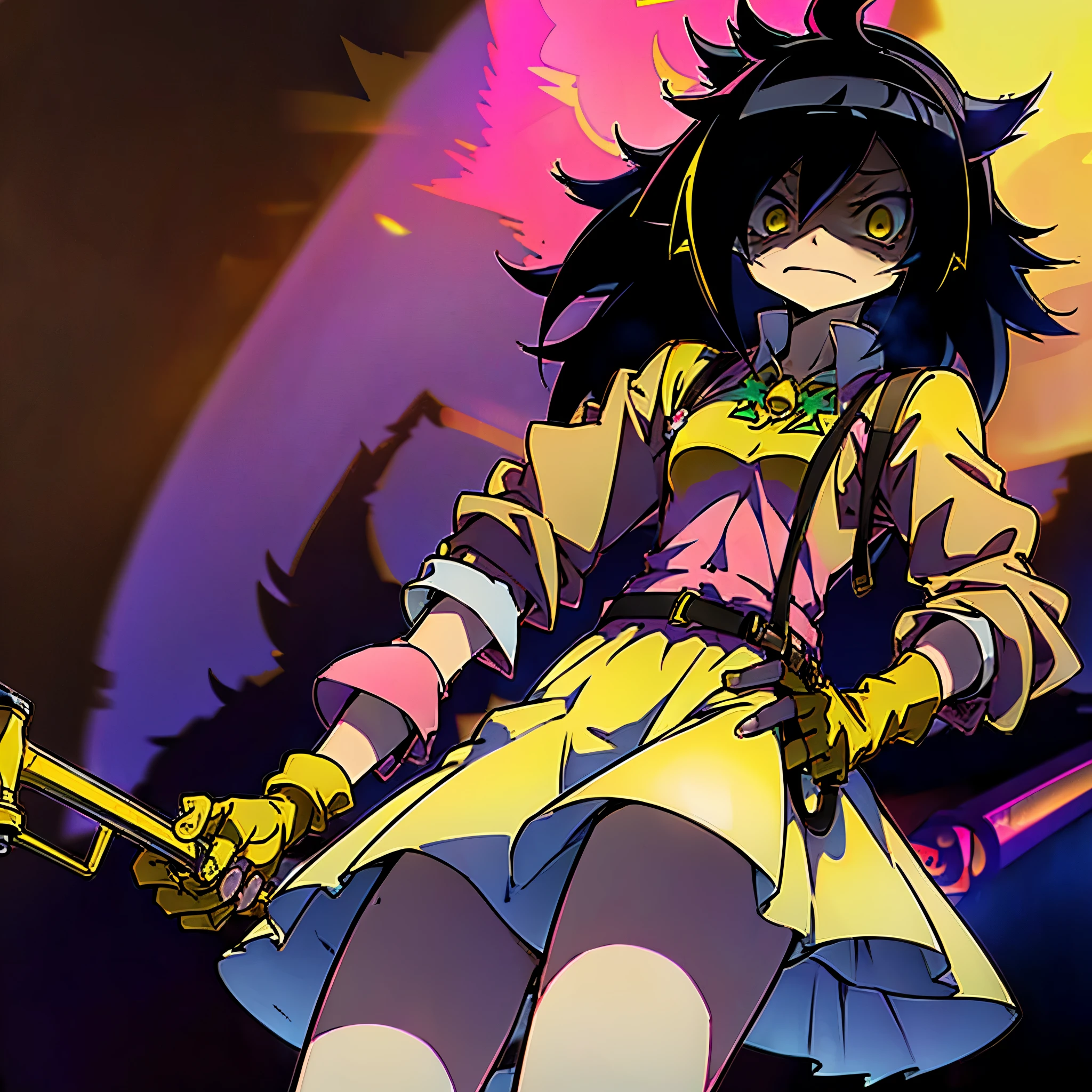 shaded face, (tomoko-kuroki), female, thighhighs, gloves, dress, bow, magical girl, pink gloves, magick girl, (("RedBull" in hand)), (((holding a yellow pipe in his hand))), gray backdrops, depressed
