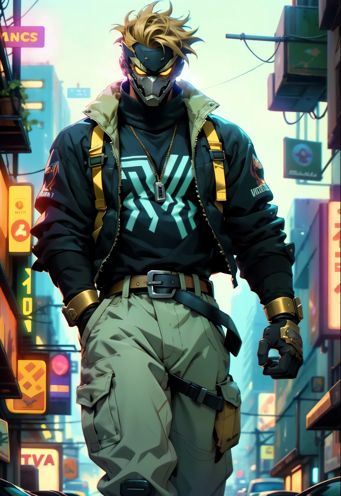 An adult man with tousled and messy dark blonde hair, a metallic beast concept mask covering his entire face, full mask, cold and penetrating gaze, a sturdy physique, a loose cyberpunk-style short jacket over a T-shirt, metal wrist guards, a belt around his waist, loose utility pants, adopting a relaxed posture within the cyberpunk-style city, city night view, this character embodies a finely crafted cyberpunk-style masked warrior in anime style, exquisite and mature manga art style, high definition, best quality, highres, ultra-detailed, ultra-fine painting, extremely delicate, professional, perfect body proportions, golden ratio, anatomically correct, symmetrical face, extremely detailed eyes and face, high quality eyes, creativity, RAW photo, UHD, 32k, Natural light, cinematic lighting, masterpiece-anatomy-perfect, masterpiece:1.5