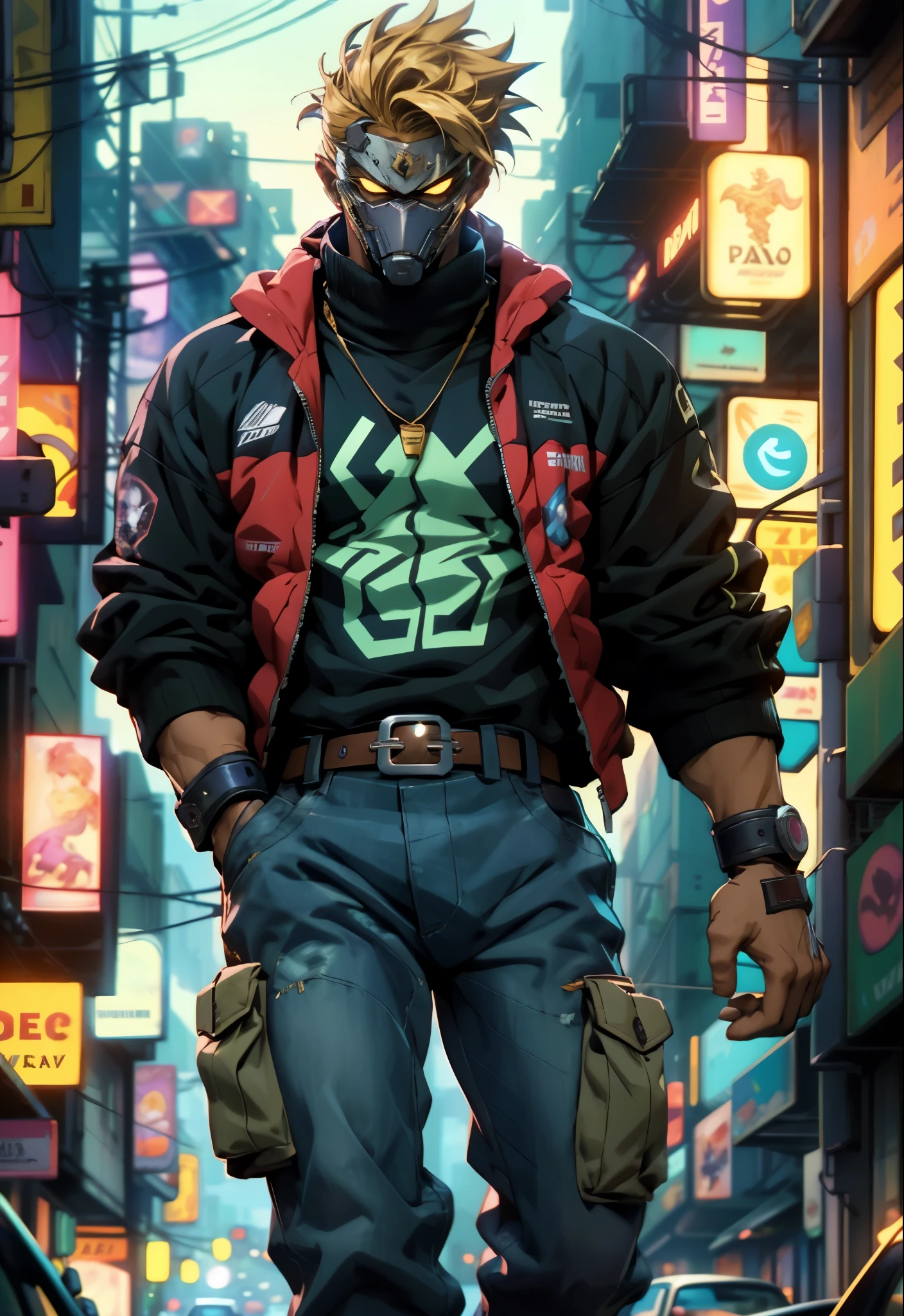 An adult man with tousled and messy dark blonde hair, a metallic beast concept mask covering his entire face, full mask, cold and penetrating gaze, a sturdy physique, a loose cyberpunk-style short jacket over a T-shirt, metal wrist guards, a belt around his waist, loose utility pants, adopting a relaxed posture within the cyberpunk-style city, city night view, this character embodies a finely crafted cyberpunk-style masked warrior in anime style, exquisite and mature manga art style, high definition, best quality, highres, ultra-detailed, ultra-fine painting, extremely delicate, professional, perfect body proportions, golden ratio, anatomically correct, symmetrical face, extremely detailed eyes and face, high quality eyes, creativity, RAW photo, UHD, 32k, Natural light, cinematic lighting, masterpiece-anatomy-perfect, masterpiece:1.5