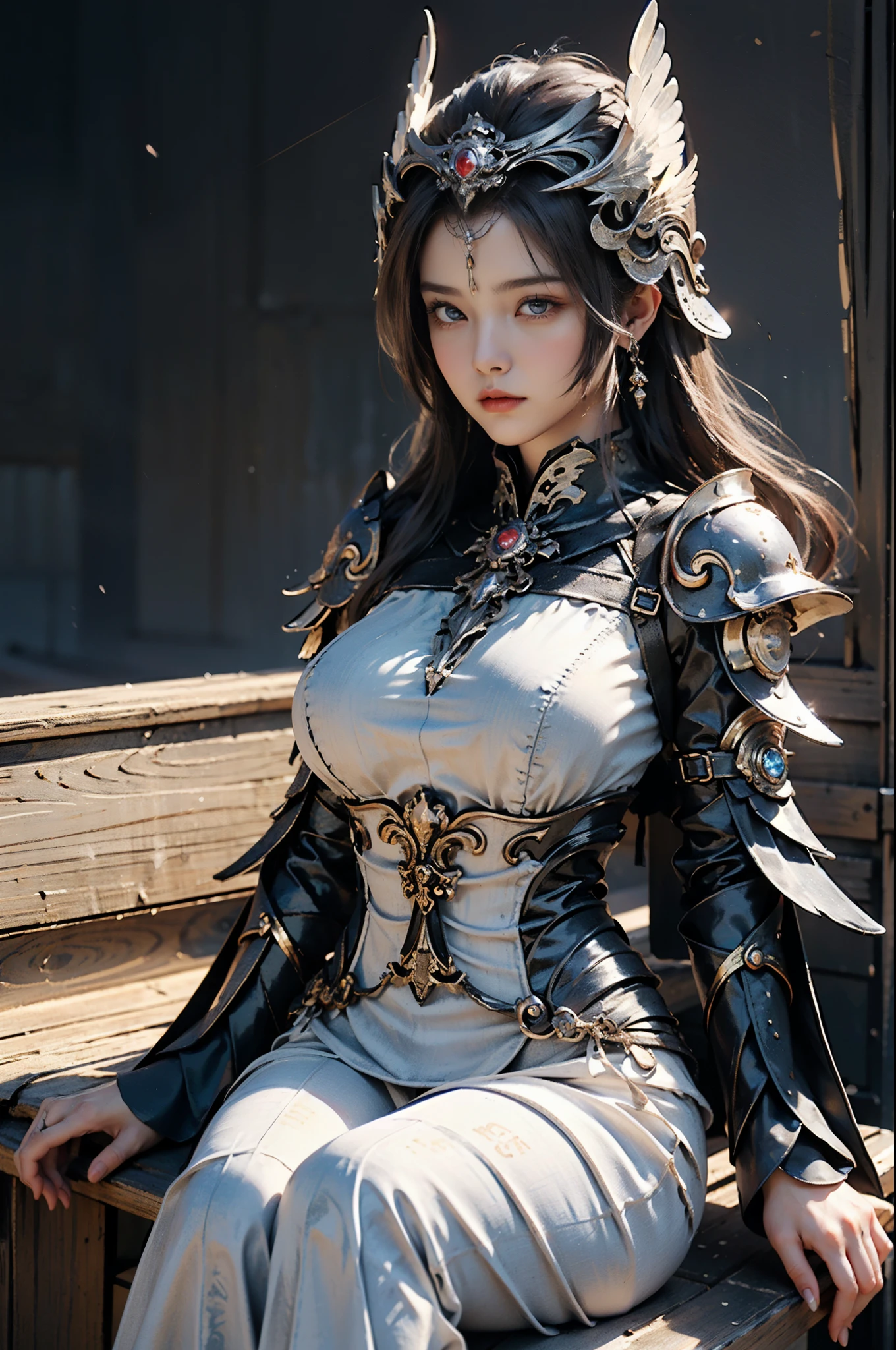 ((Miss, sitting, close up, actual)) Realistic visual effects, Artistic accomplishment, charming beauty, dramatic contrast, 8k wallpaper, absurd, incredible absurd, Silver Helmeted Gadasintai Goddess, (1 girl:1.5), The face is super delicate, delicate eyes, proud figure, ((big breasts))
