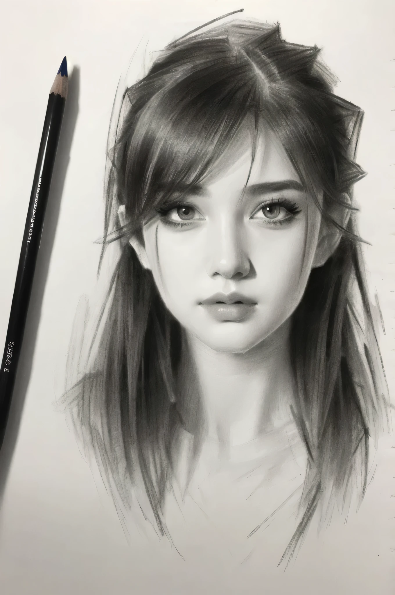 close 1 girl, sketch, beauty face, beauty eyes, perfect face, black and whit, pencil art, long black hair, rough sketch, detailed pencil,