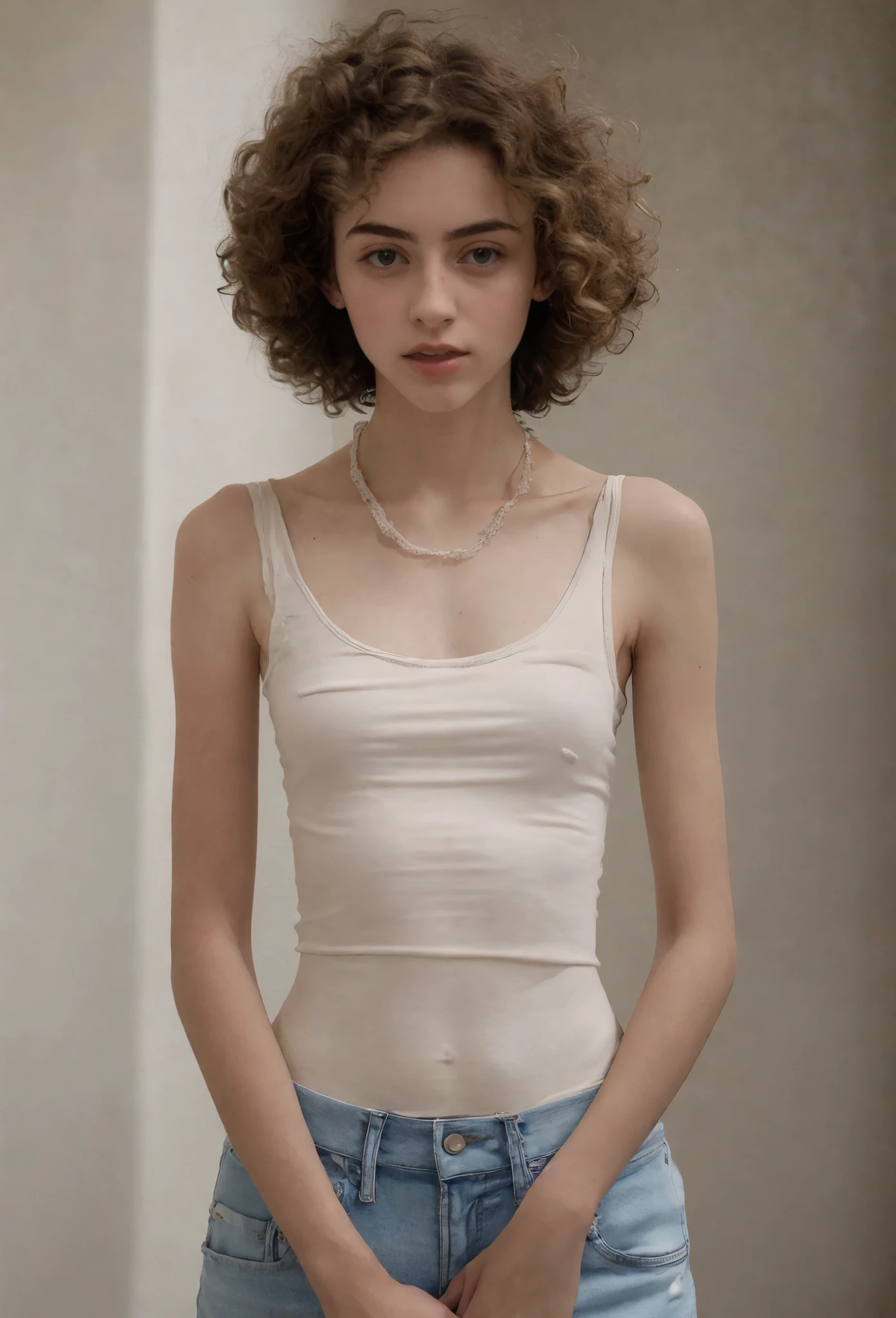 Mujer arafed con cabello rizado vistiendo un top blanco y jeans., foto de chica delgada model, pecho plano, anorexic figure, foto de chica delgada, 18 year old female model, Muy delgado, cuerpo completo extremadamente delgado, usando una camisola, small breasts, vistiendo camisola blanca, adolescente hiperrealista, muy bonita modelo