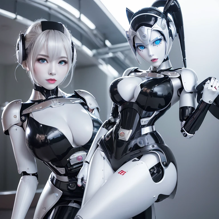 ((highest quality)), ((masterpiece)), (be familiar with), 50-year-old Japanese woman transforms into busty female robot、black hair、Silver metallic robot body、machine body、blue eyes、No expression、robot joints、robot ears