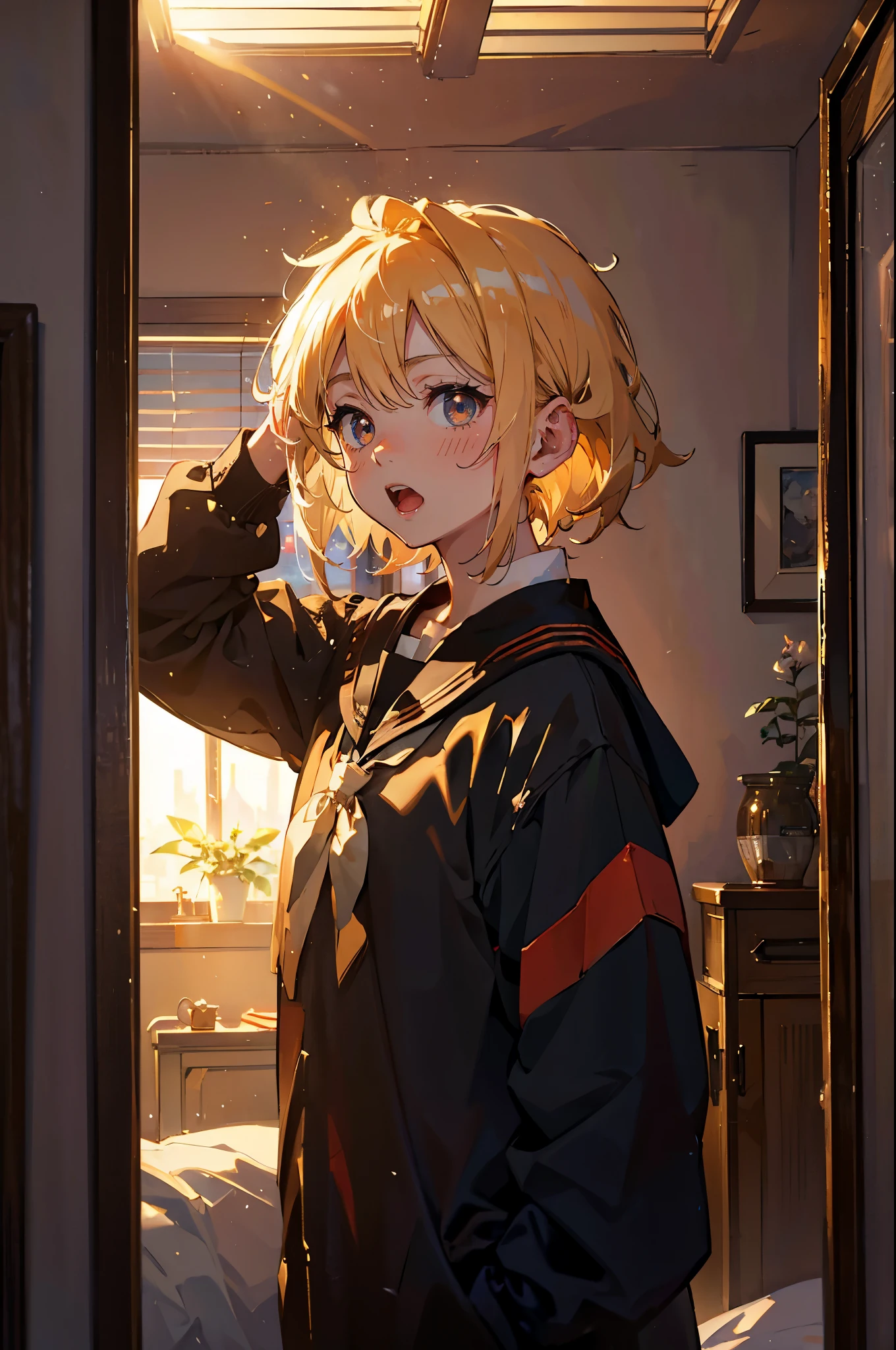 Anime girl with blonde hair and blue eyes standing in a doorway - SeaArt AI