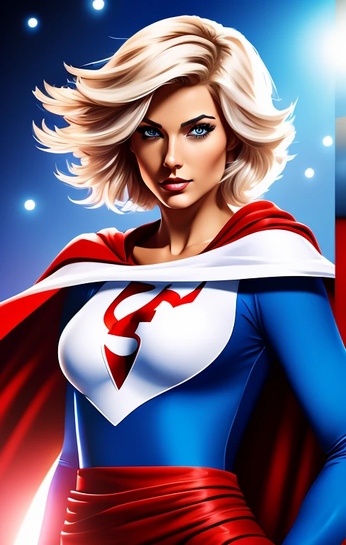 create a digital painting, 4k, best quality, SexyToon, A blonde woman with short hair and blue eyes wearing a white costume with red cape and blue gloves with the S symbol on her chest, very detailed, high quality, modern comic style