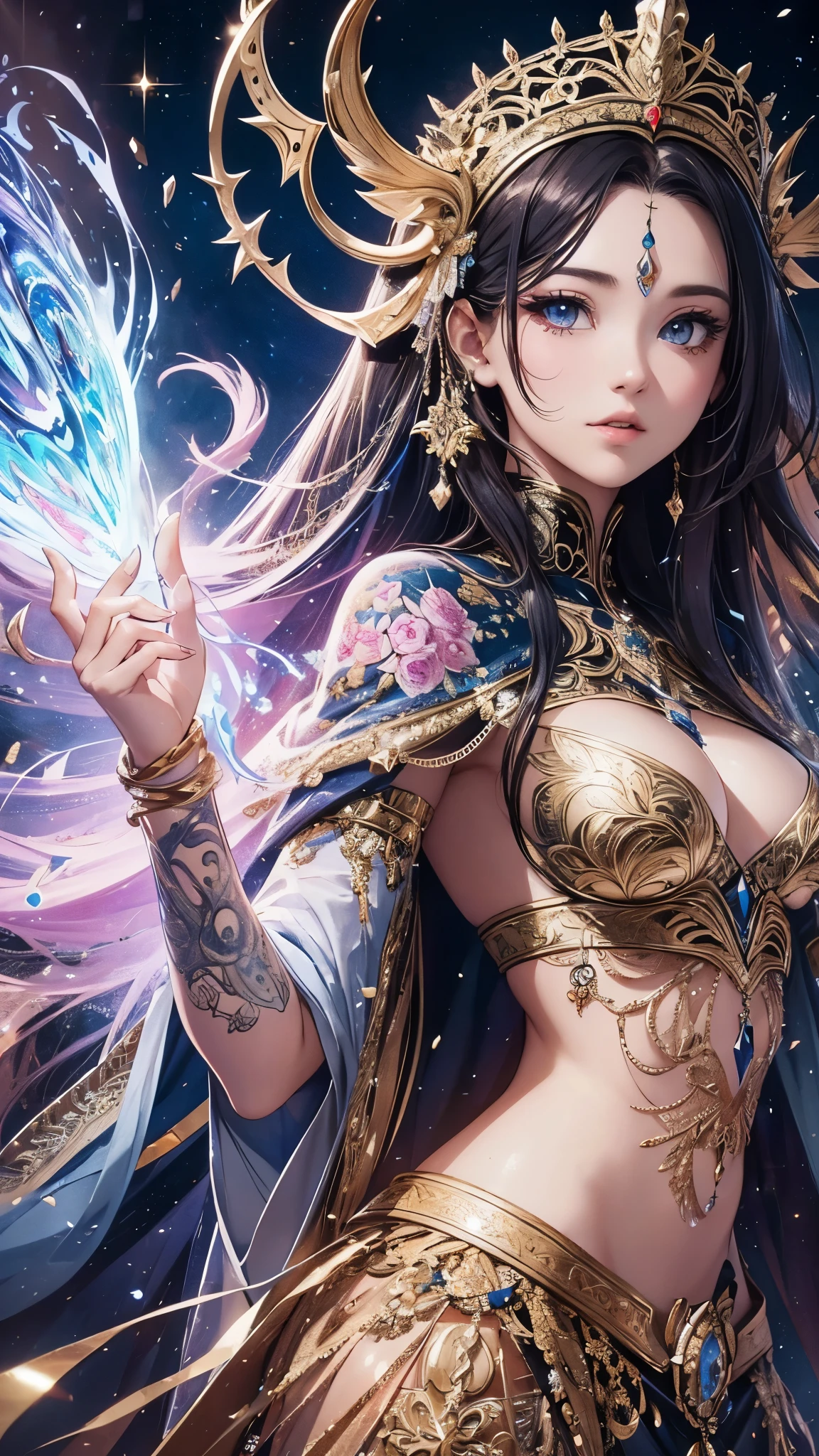 ((highest quality)),(ultra high resolution),(Super detailed),(detailed description),((best CG)),(best work of art),super precision art,amazing drawing art,(Fantasy art with intricate detail:1.5), mystery,Celestial Show,sparkle,revival,