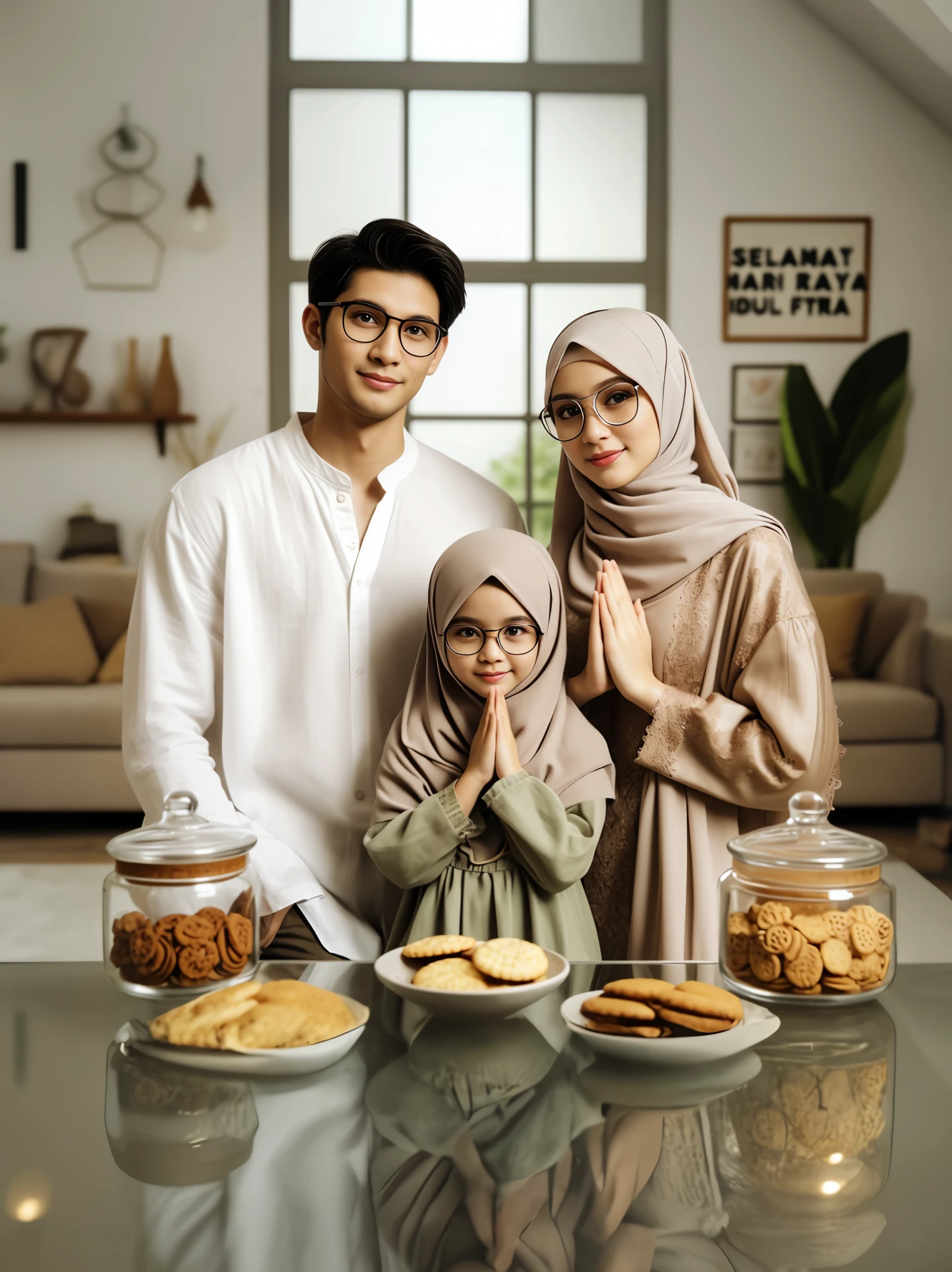 there are two people standing in front of a table with cookies, an indonesian family portrait, happy family, portrait of family of three, husband wife and son, muslim, malaysian, home photography portrait, family portrait, modest, shutterstock, by Basuki Abdullah, shot on canon eos r5, shot on canon eos r 5, family dinner, portrait shot, family