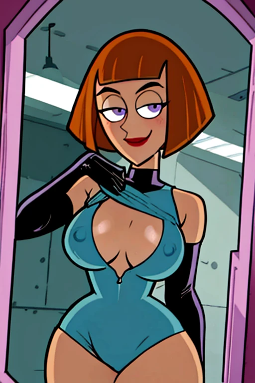 maddie fenton, selfie, snapchat, mirror, phone, latex bodysuit, teasing, one girl, solo, seductive, lifting shirt, showing tits