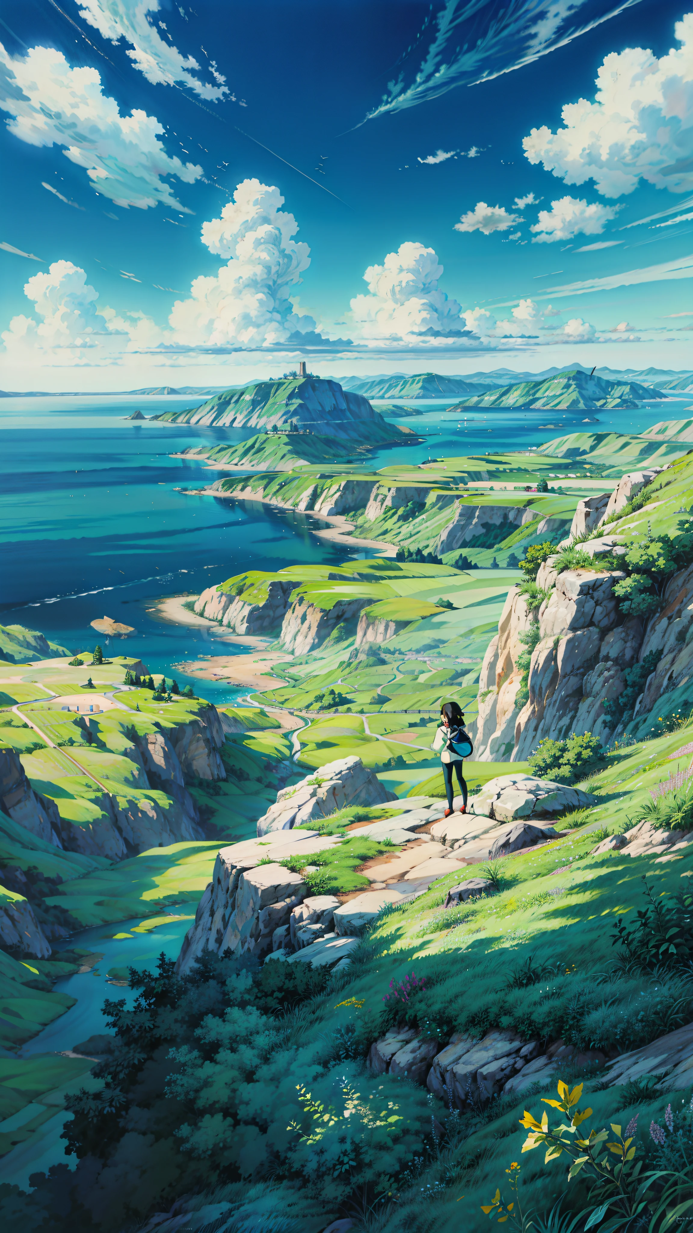 a person standing on top of a lush green hillside, blue sea. by makoto shinkai, by makoto shinkai, by Makoto Shinkai, anime. by makoto shinkai, rio de janeiro in an anime film, makoto shinkai and artgerm, studio glibly makoto shinkai, sakimichan and makoto shinkai, 4k hd,, beautiful art uhd 4 k, a beautiful artwork illustration, beautiful digital painting, highly detailed digital painting, beautiful digital artwork, detailed painting 4 k, very detailed digital painting, rich picturesque colors, gorgeous digital painting