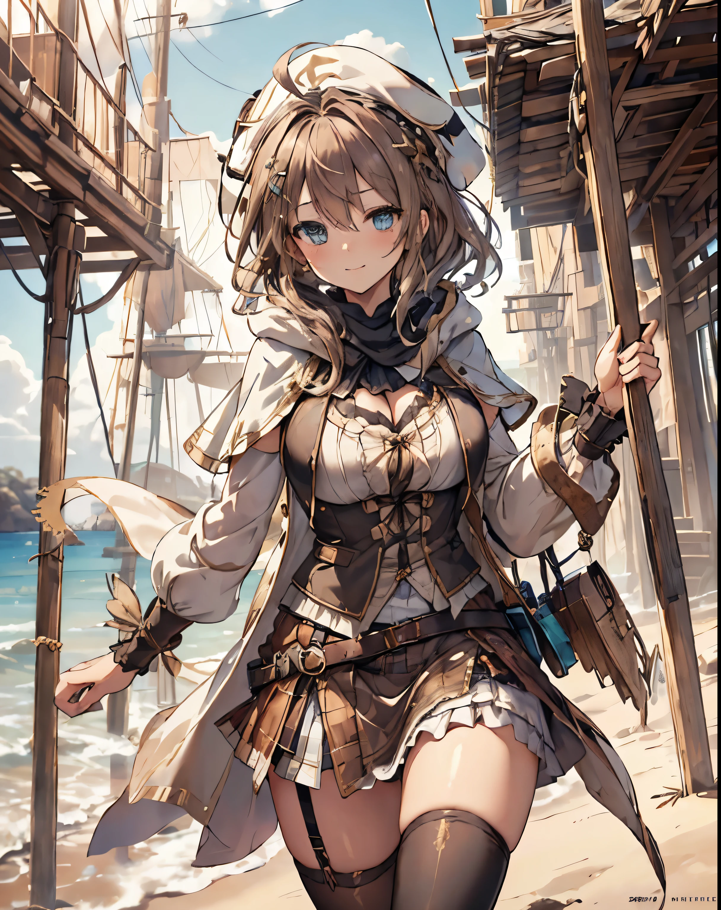 masterpiece, 1girl, sparrow, a brown haired girl, wearing a white medieval priestess clothes, curly medium hair, messy hair, slim body, wearing golden capelet with hoody, he close her left eye, shirt ornament, aqua eyes, sho show her back, ahoge, black vest, baby face, big breast, beautiful breasts, rounded breasts, braid hair, mitre cap, long sleeves, beautiful eyes, white stocking, droopy eyes, miniskirt, brown skirt, plaid skirt, her age is 19 years old, mitre, black mitre, seductive smile, beach