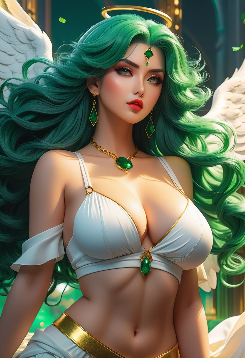 In a mesmerizingly portrayal, thick women busty, a glam-goth goddess angel her Age 28, clean skin,emerald hair, midriff, trending on cgsociety, epic, trending on artstation, highly detailed, vibrant, production cinematic character render, ultra-high-quality model, golden ratio manhwa, manhua, background mysterious, does not produce same pose when remixed.