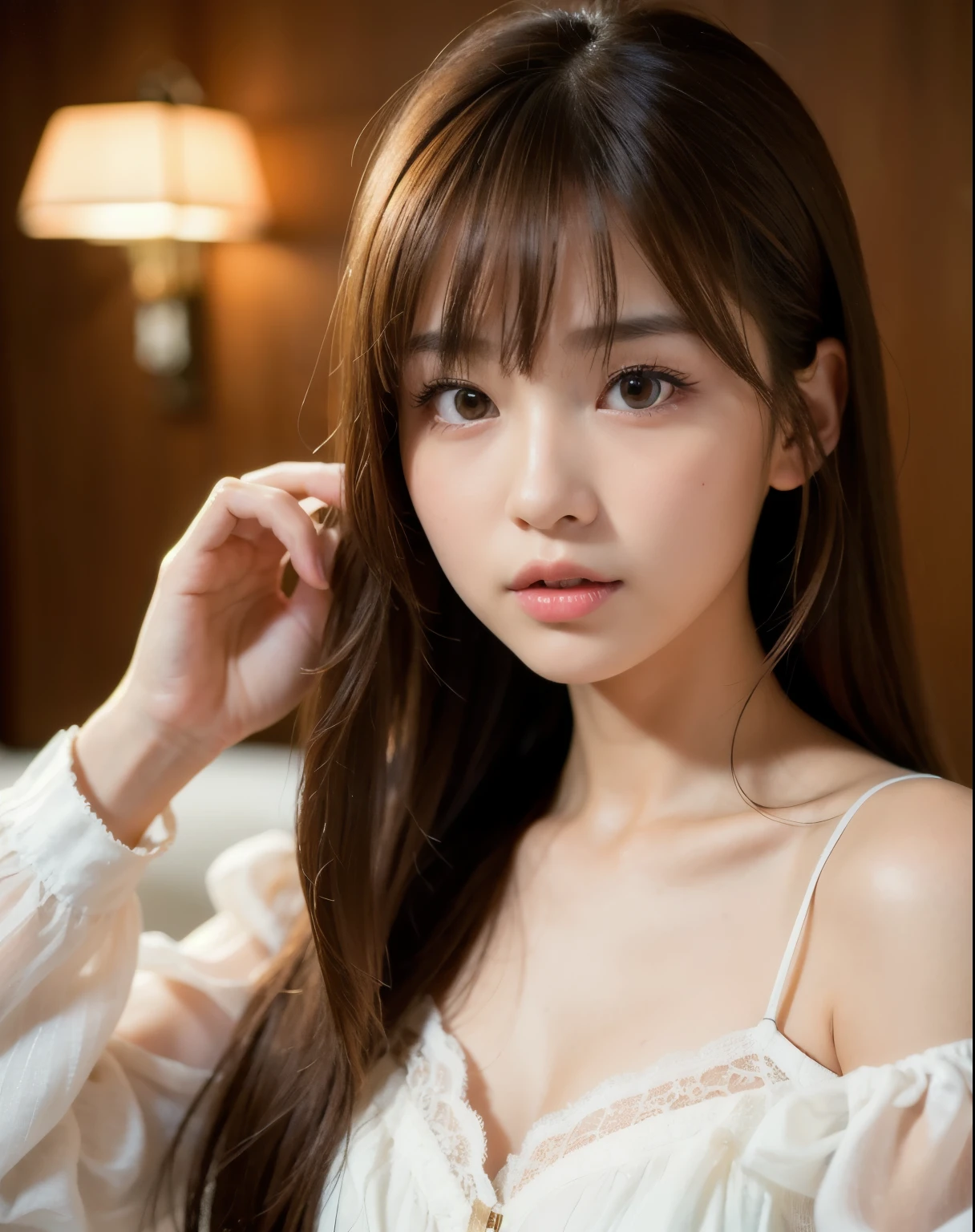 best quality, face focus, soft light, ultra high res, (photorealistic:1.4), RAW photo,
1japanese girl, solo, cute, (pupil, lights in the eyes),  detailed beautiful face, (small chest),(high resolution detail of human skin texture),
(long hair),
indoor,
Damask Shirt Dress,
(portrait)