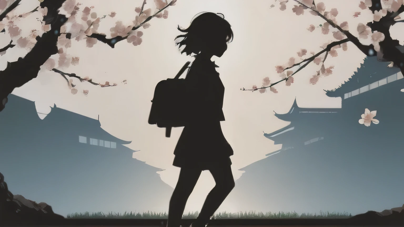 mate piece, (A carrying a school bag:1.3), logo, monotony, cherry blossom background, (SakuraFubuki:1.5), ((silhouette:1.4)), masterpiece,