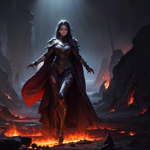 (((full medium shot))), (Masterpiece, photorealistic, photorealism, best quality, ultra-detailed:1.3), (nice hands, perfect hands), official art, cinematic light, (1girl:1.3), adult, highly detailed dark fantasy illustration of a mystic woman. She walks in lava, goddess of volcano, dark armor, cracked armor, cracked skin, basalt, 
