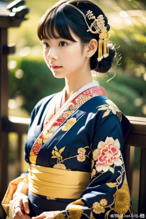 (8k, RAW photo, best quality, perfect anatomy, masterpiece:1.2), (realistic, photo-realistic:1.4), (extremely detailed 8k wallpaper), sharp focus, professional lighting, depth of field, cinematic lighting, (Full Body Shot:1.5, profile), 25 years old Beautiful and cute japanese actress, Low - Angle, Traditional Japanese kimono, Furisode:1.3, Graceful pose, Intricate patterns, Vibrant colors, Japanese textile artistry, Traditional Japanese hairstyle, Kanzashi, Ornate hair accessories, Serene atmosphere, Traditional Japanese backdrop, Tatami room, Japanese garden, Sophisticated beauty, Timeless allure