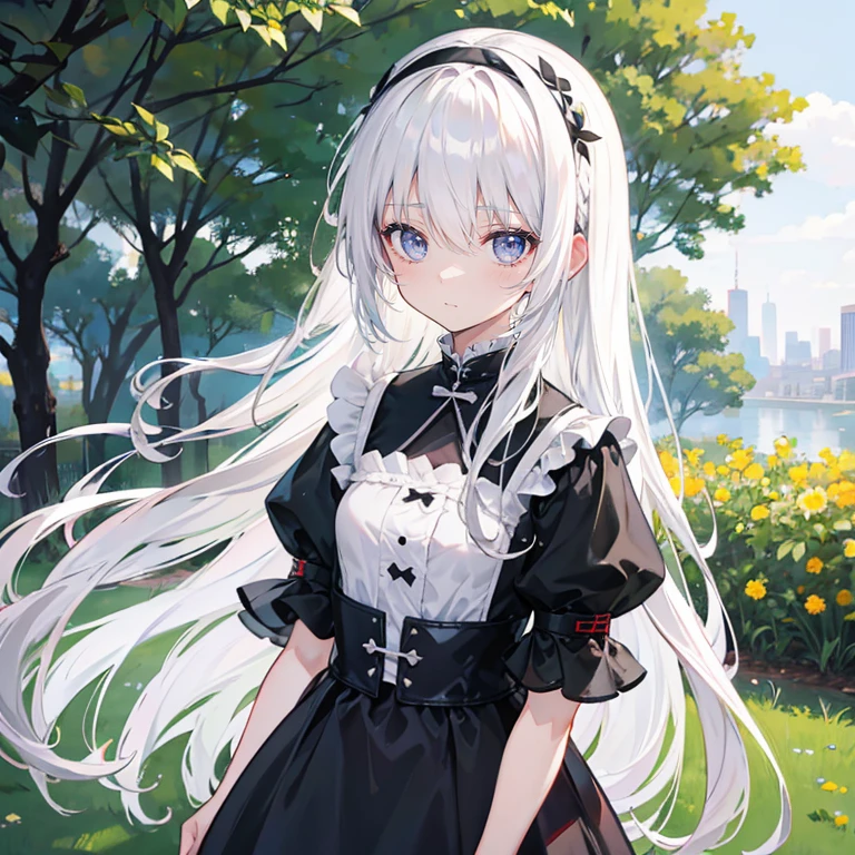 white hair，long hair，Bangs，Bangs整齐，black headband，gray eyes，girl，cute，dress，background garden
