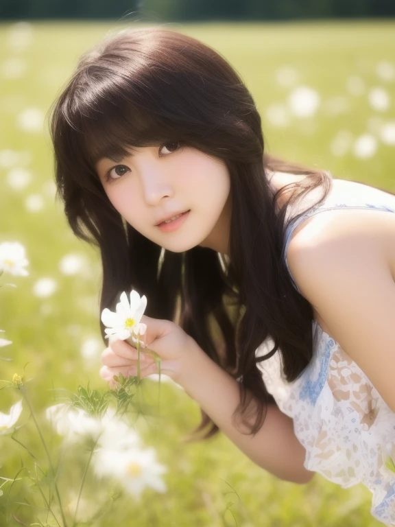 Sheer white camisole, beautiful japanese woman face,  in a grassy field,  4ｋimage quality、looking at the camera、cute smile、medium long hair、hair fluttering in the wind、A bra that is slightly visible from the chest、4ｋimage quality、gravure、High definition、looking at the camera
