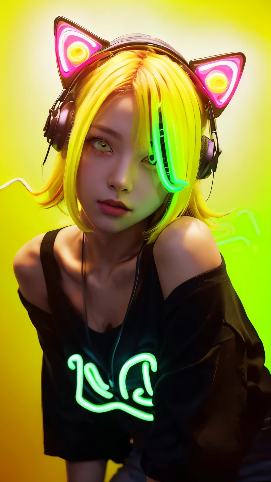 masterpiece, highest quality, 4K, Photorealistic, bokeh, enlightenment,1 perfect portrait of a girl, (A fascinating eye for perfect detail:1.2), colorful hair, (gradient hair), (neon yellow hair:1.6), (Cat ear:1.2), fantasy background, (exposed bare shoulders), (long-term alienation sleeve), (lean forward a little), head tilt, movie lighting, oversized clothes, (seductive pose:1.4), (neon yellow background:1.6), Light yellow beautiful eyes, close up,