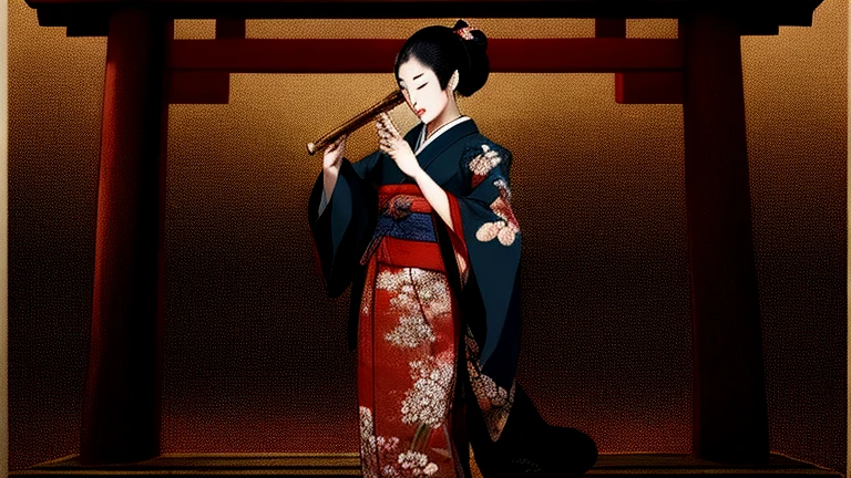 Arabian woman in kimono holding a large musical instrument, Japanese art style, Japanese traditional concept art, 封建的なJapanese art, In the art style of Ukiyo-e, Inspired by Kiyonaga Torii, traditional Japanese art, Japanese painting, inspired by Nishikawa Sukenobu, Japanese art art, japanese illustration, Japanese art