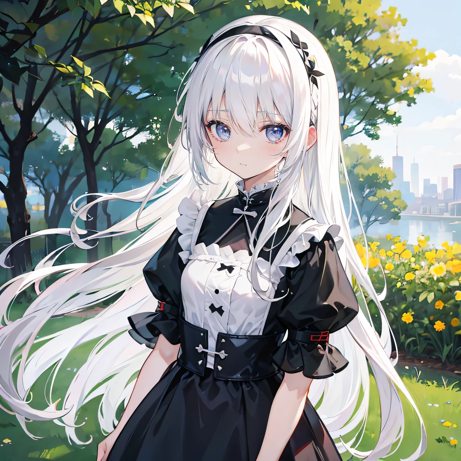 white hair,long hair,Bangs,Bangs neatly,black headband,gray eyes,girl,cute,dress,background garden