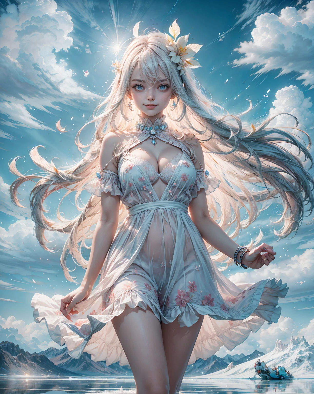 Best quality,Floral hair ornament, indian girl, indian model, smiley face, smile on face, indian goddess, big , cleavage, light blue eyes,Hair fluttering in the wind,smile,large ,Open chest, white dress, white miniskirt,beauty legs, walking in Uyuni Salt Flat, BoliviaBackground, Bolivia,a large body of water with a sky in the background, at salar de uyuni, pink reflections, light white clouds, white clouds, dramatic white clouds, at the salar de uyuni, white storm clouds, clouds in the sky, prismatic cumulus clouds, stunning light reflections, award winning landscape photo, white cloudy background, white landscape