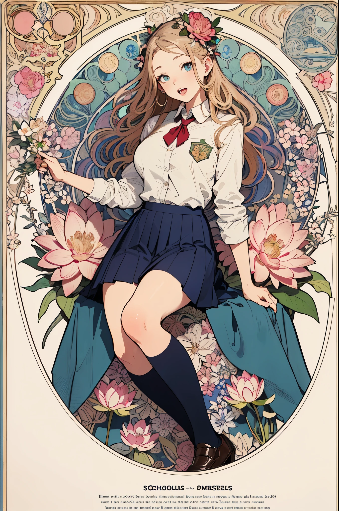 poster,(by mucha:1.2),((art deco,Botanical Art,Floral Art)),(floral:1.2),lily flower,
(masterpiece, highest quality),(vibrant colors,colorful),(amazing details,detailed background),anatomically correct,Accurate drawing,Detailed drawing,high-class sense,
lie down, girl lotus position:1.6, lotus position:1.6, thigh, sit,
(School uniform:1.5), pillow,french kiss, open mouth, big breasts,