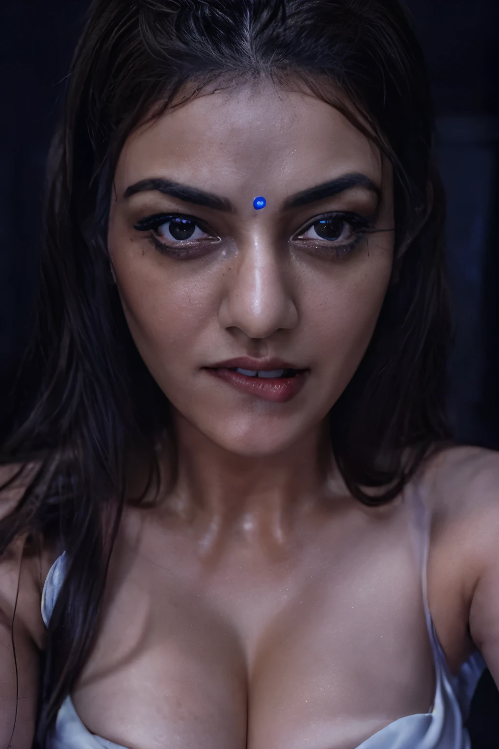 close-up portrait, (portrait photo), ((best quality)), masterpiece, 8k wallpaper, nikon, cinematic lighting, medium hair, ((blue iris)), (photorealistic:1.4), (kajal), (as maid), (deep cleavage), lip bite expression