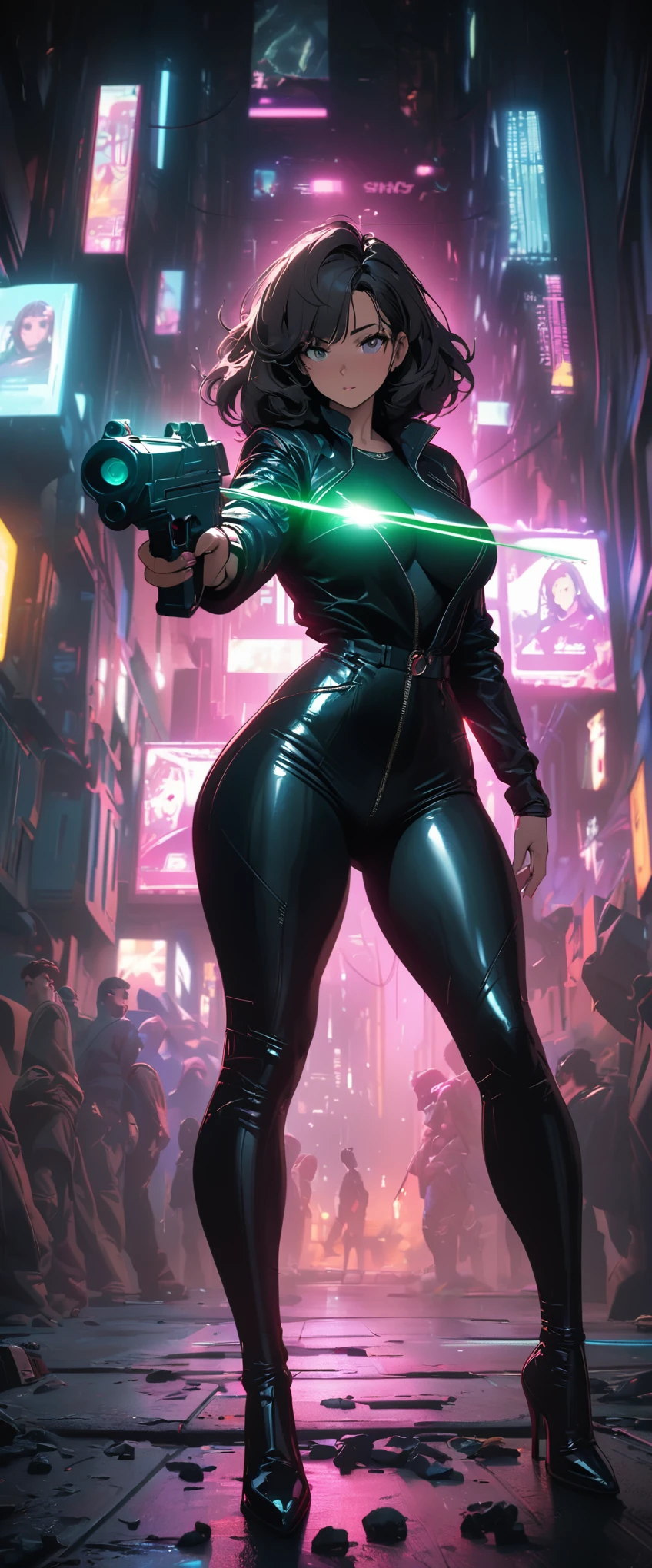cyberpunk style,30-year-old mature and charming woman,Leather jumpsuit covers the whole body,full breasts,High-heeled leather shoes,Pointing a laser gun at me,open fire,(There are many small pieces of gravel floating in the air around me.:1.5),Beautiful,Glowing special effects,celluloid style,Flat coating,HD,CG art,comics,8K,looking into camera,high quality,illustration,Vaporwave style,rim light,movie lighting,Super detailed,complex,OC renderer,cinematic perspective,high resolution