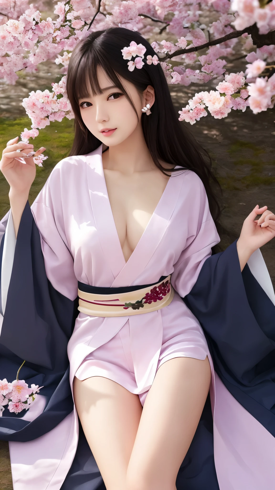 最high quality、high quality、best image quality、8K、最High resolution、High resolution、最high quality、masterpiece、Realistic human body in every detail、Realistic skin in every detail、Realistic face in every detail、Realistic eyes down to the details、Realistic lips in every detail、Realistic teeth in every detail、Realistic ears down to the last detail、Realistic hair down to the last detail、Realistic arms down to the last detail、Realistic reproduction of every detail、Realistic fingers in every detail、(fine hands、thumb1reference4)、Realistic feet in every detail、((beautiful japanese girl))、(japanese model), (japanese woman)、((18 year old beautiful girl))、(black hair)、(random hairstyle)、((whole body))、((beautiful upturned chest))、(slim style、slender style)、(whole body光沢肌、Fair skin)、soft natural light、Furisode、kimono、yukata、japanese traditional、Japanese garden、((thin see-through(花柄入り丈の短いkimono))、((Lying under a cherry tree in full bloom(Pose that makes your thighs look beautiful))