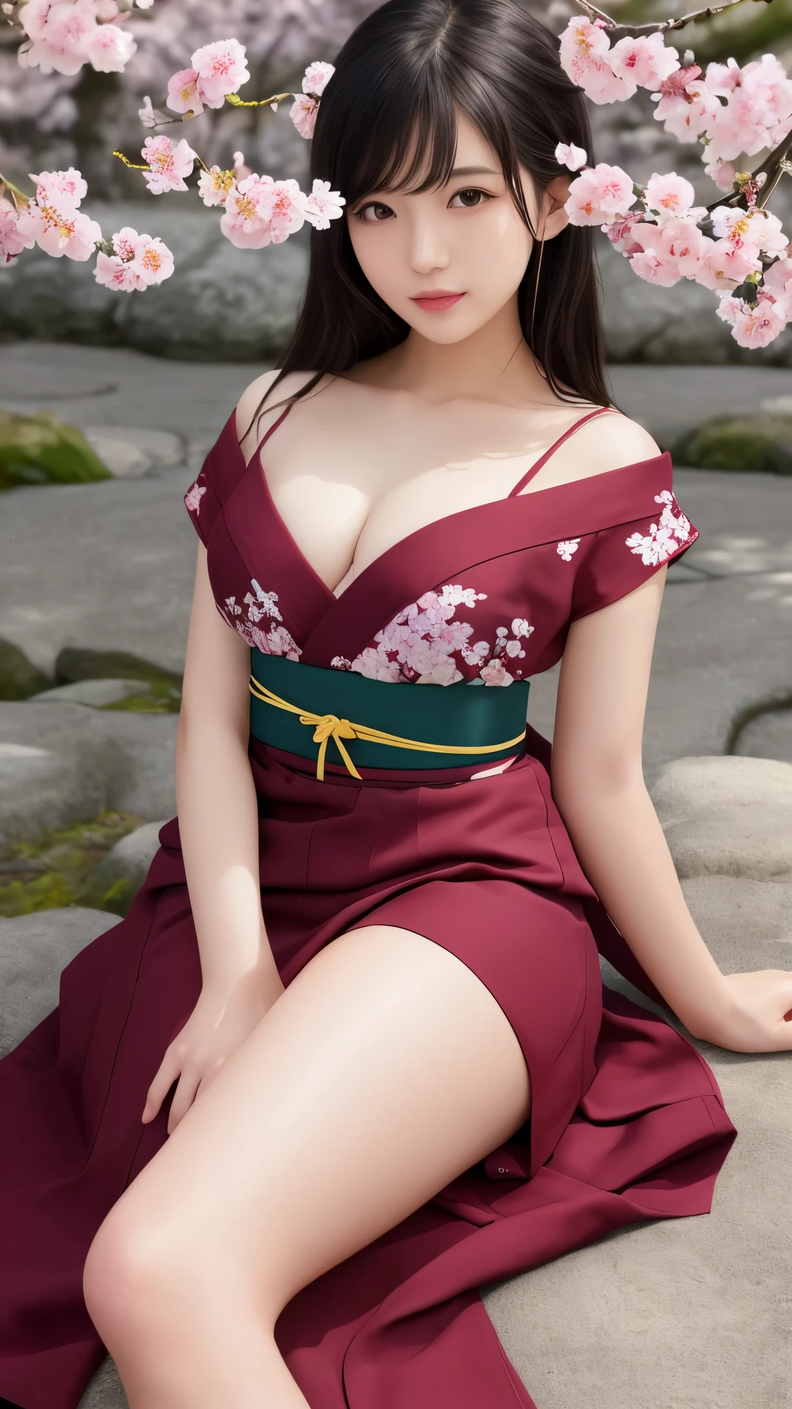 最high quality、high quality、best image quality、8K、最High resolution、High resolution、最high quality、masterpiece、Realistic human body in every detail、Realistic skin in every detail、Realistic face in every detail、Realistic eyes down to the details、Realistic lips in every detail、Realistic teeth in every detail、Realistic ears down to the last detail、Realistic hair down to the last detail、Realistic arms down to the last detail、Realistic reproduction of every detail、Realistic fingers in every detail、(fine hands、thumb１reference４)、Realistic feet in every detail、((beautiful japanese girl))、(japanese model), (japanese woman)、((18 year old beautiful girl))、(black hair)、(random hairstyle)、((whole body))、((beautiful upturned chest))、(slim style、slender style)、(whole body光沢肌、Fair skin)、soft natural light、Furisode、kimono、yukata、japanese traditional、Japanese garden、((thin see-through(花柄入り丈の短いkimono))、((Lying under a cherry tree in full bloom(Pose that makes your thighs look beautiful))