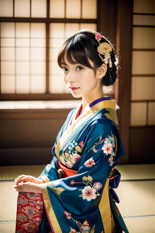 (8k, RAW photo, best quality, perfect anatomy, masterpiece:1.2), (realistic, photo-realistic:1.4), (extremely detailed 8k wallpaper), sharp focus, professional lighting, depth of field, cinematic lighting, (Full Body Shot:1.5), 25 years old Beautiful and cute japanese actress, Low - Angle, Traditional Japanese kimono, Furisode:1.3, Graceful pose, Intricate patterns, Vibrant colors, Japanese textile artistry, Traditional Japanese hairstyle, Kanzashi, Ornate hair accessories, Serene atmosphere, Traditional Japanese backdrop, Tatami room, Japanese garden, Sophisticated beauty, Timeless allure