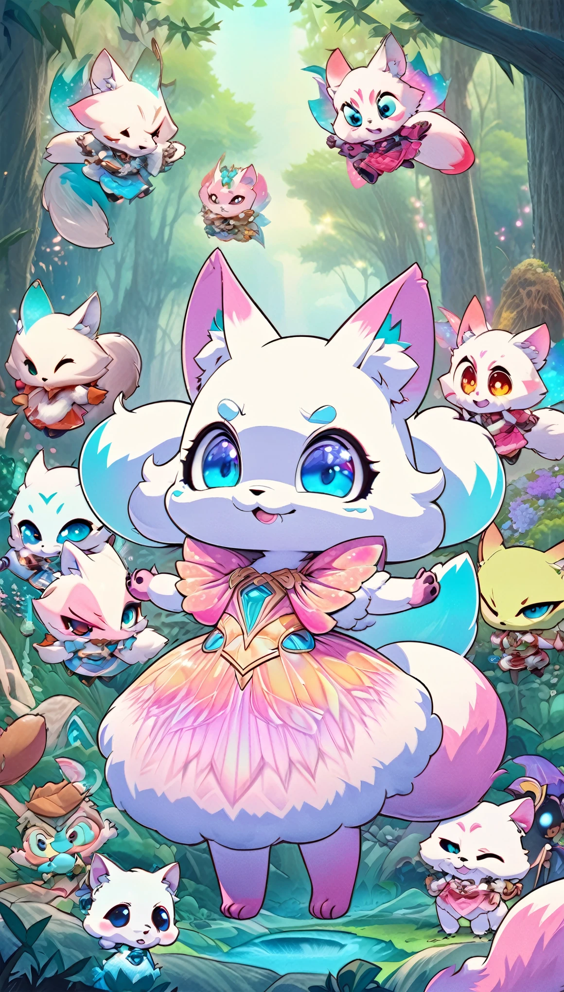 super deformed, furry, funny, best quality, super fine, 16k, white fluffy cute weasel, big surprised expression, cute pose, in the forest, fluffy pastel color image style, fantasy world image, fantastic and mysterious, variety of visual styles that combine various artistic elements like a sparkling iridescent pastel and vivid colors