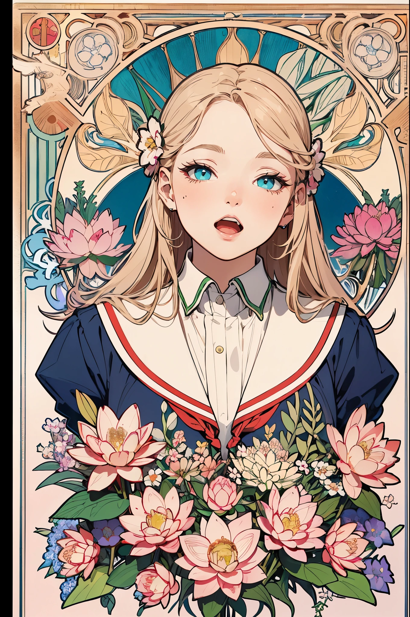 poster,(by mucha:1.2),((art deco,Botanical Art,Floral Art)),(floral:1.2),lily flower,
(masterpiece, highest quality),(vibrant colors,colorful),(amazing details,detailed background),anatomically correct,Accurate drawing,Detailed drawing,high-class sense,
lie down, girl lotus position:1.6,
(School uniform:1.5), pillow,french kiss, open mouth, big breasts,