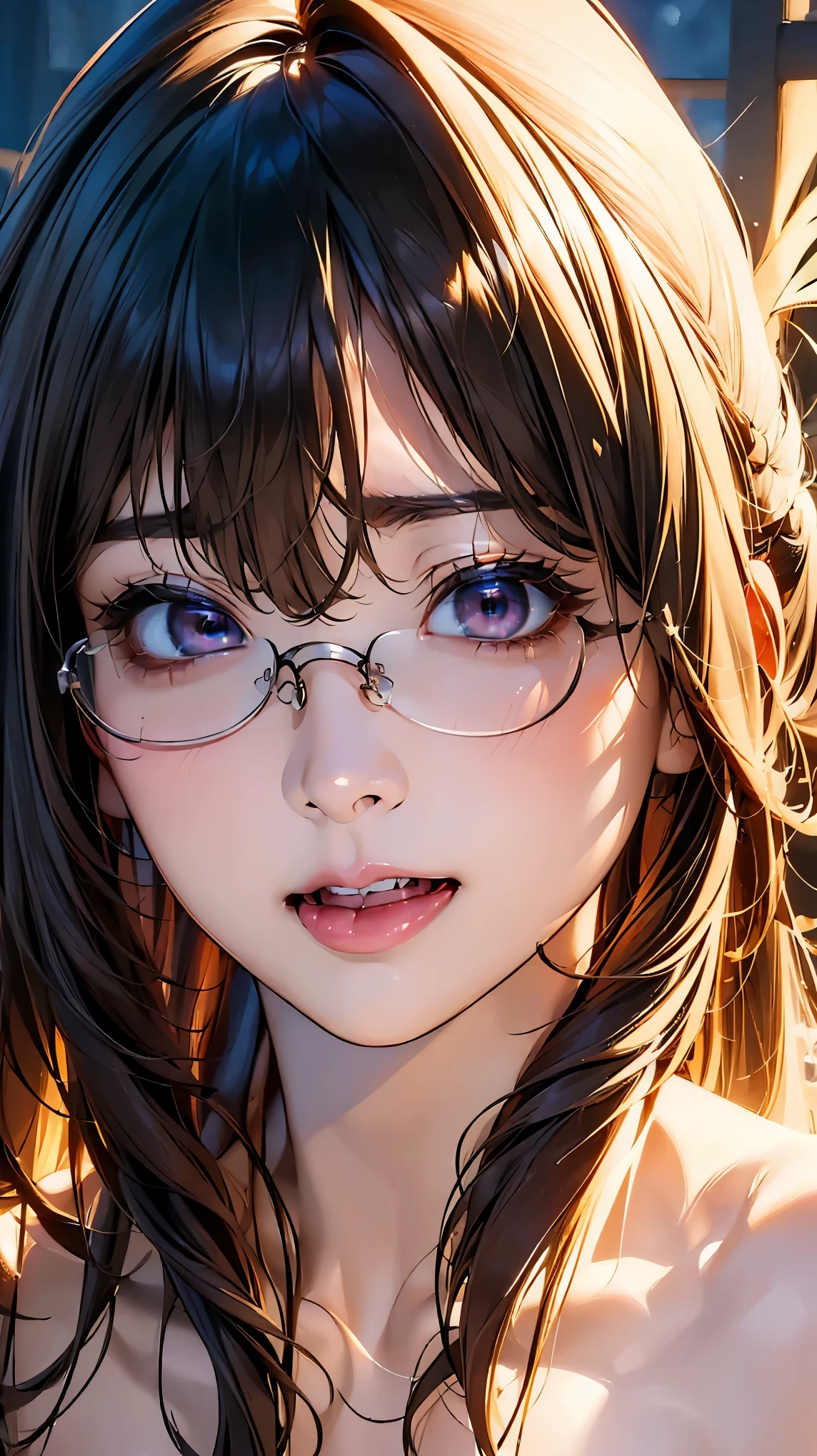 (NSFW:1.2), (8K, RAW photo, best image quality, masterpiece: 1.4), (Highly detailed CG Unity 8K wallpaper, highest quality, High resolution: 1.2), (ultra_be familiar with, UHD: 1.2), super highly be familiar with, (realistic, realistic: 1.48), 1 girl, focus only, light brown hair, long hair, side lock, bangs, ((dark purple eyes:1.4, round eyes, beautiful eyelashes)), clear eyes, Glasses, Big breasts, very big breasts, shiny hair, beautiful be familiar with cold face, enchanting smile, Beautiful and delicate eyes with intricate details, very accurate details, skin dents, outdoor, grassland, perfect face, be familiar with顔, perfect body, beautiful eyes, beautiful face,(face focus),(Portrait:1.5),beautiful clavicle,naked,upward glance,stick out your tongue a little,cry,