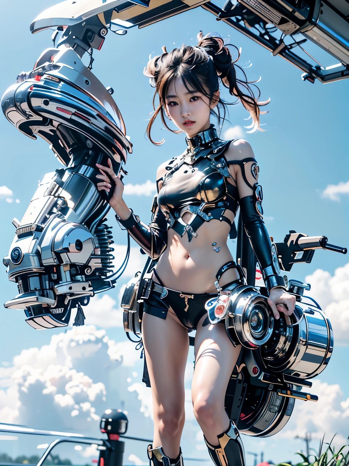 Highest quality,Very sophisticated beautiful Japanese cyborg girl, She spreads her legs and shows her vagina in front of the destroyed city of Kyoto、Mechanical chest、 Bionic body with futuristic details. (A highly sophisticated cyborg with his arms folded in front of a destroyed city, Bionic body with futuristic details.)