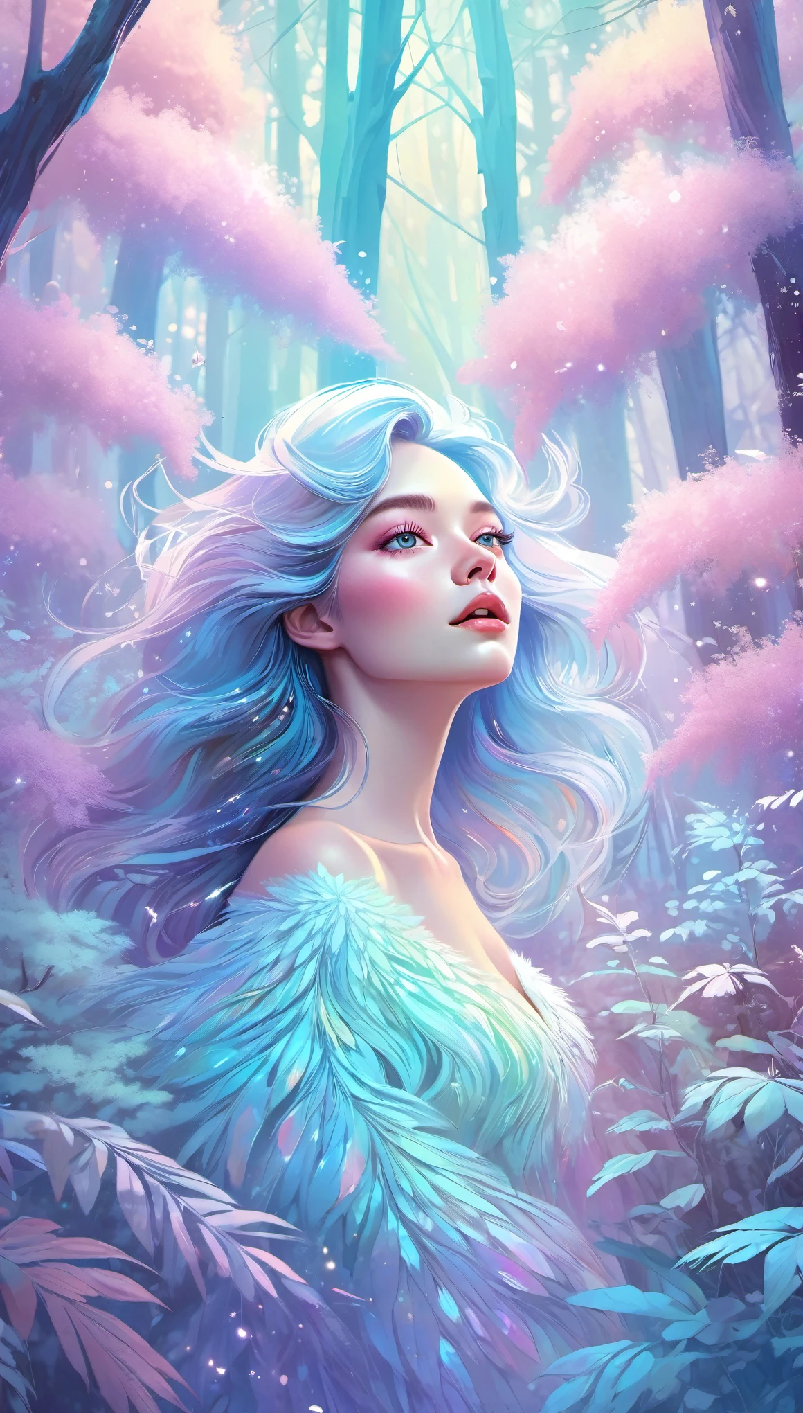 best quality, super fine, 16k, incredibly absurdres, extremely detailed, beautiful woman, excited look, in the forest, fluffy pastel color image style, fantasy world image, fantastic and mysterious, variety of visual styles that combine various artistic elements like a sparkling iridescent pastel and vivid colors