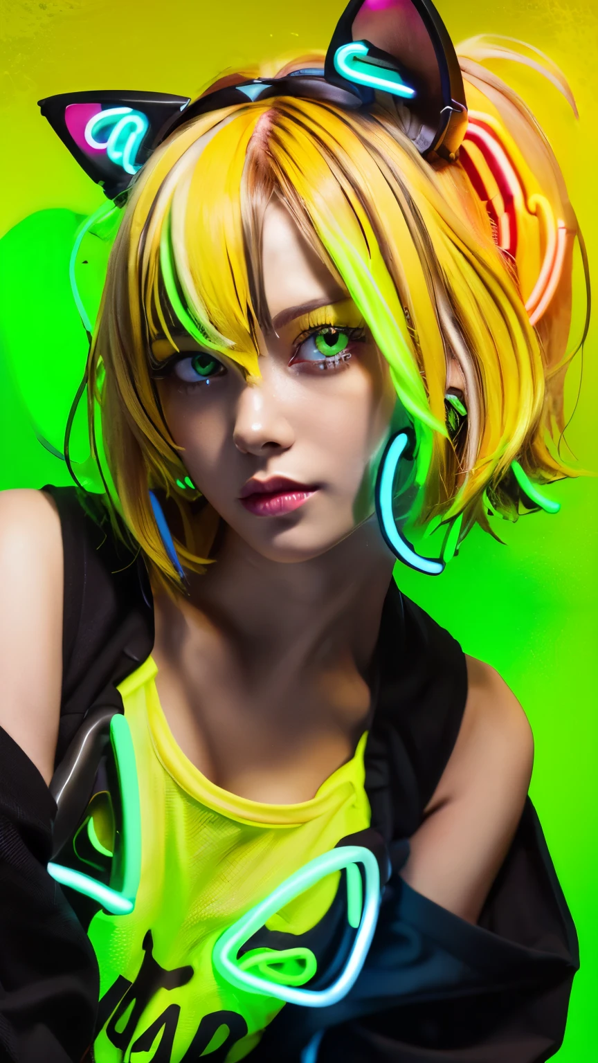 masterpiece, highest quality, 4K, Photorealistic, bokeh, enlightenment,1 perfect portrait of a girl, (A fascinating eye for perfect detail:1.2), colorful hair, (gradient hair), (neon yellow hair:1.6), (Cat ear:1.2), fantasy background, (exposed bare shoulders), (long-term alienation sleeve), (lean forward a little), head tilt, movie lighting, oversized clothes, (seductive pose:1.4), (neon yellow background:1.6), green beautiful eyes, close up,