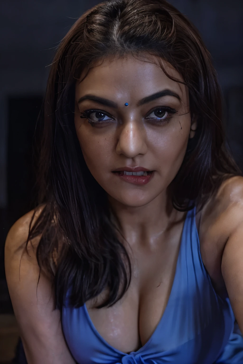 close-up portrait, (portrait photo), ((best quality)), masterpiece, 8k wallpaper, nikon, cinematic lighting, medium hair, ((blue iris)), (photorealistic:1.4), (kajal), (as maid), (deep cleavage), lip bite expression