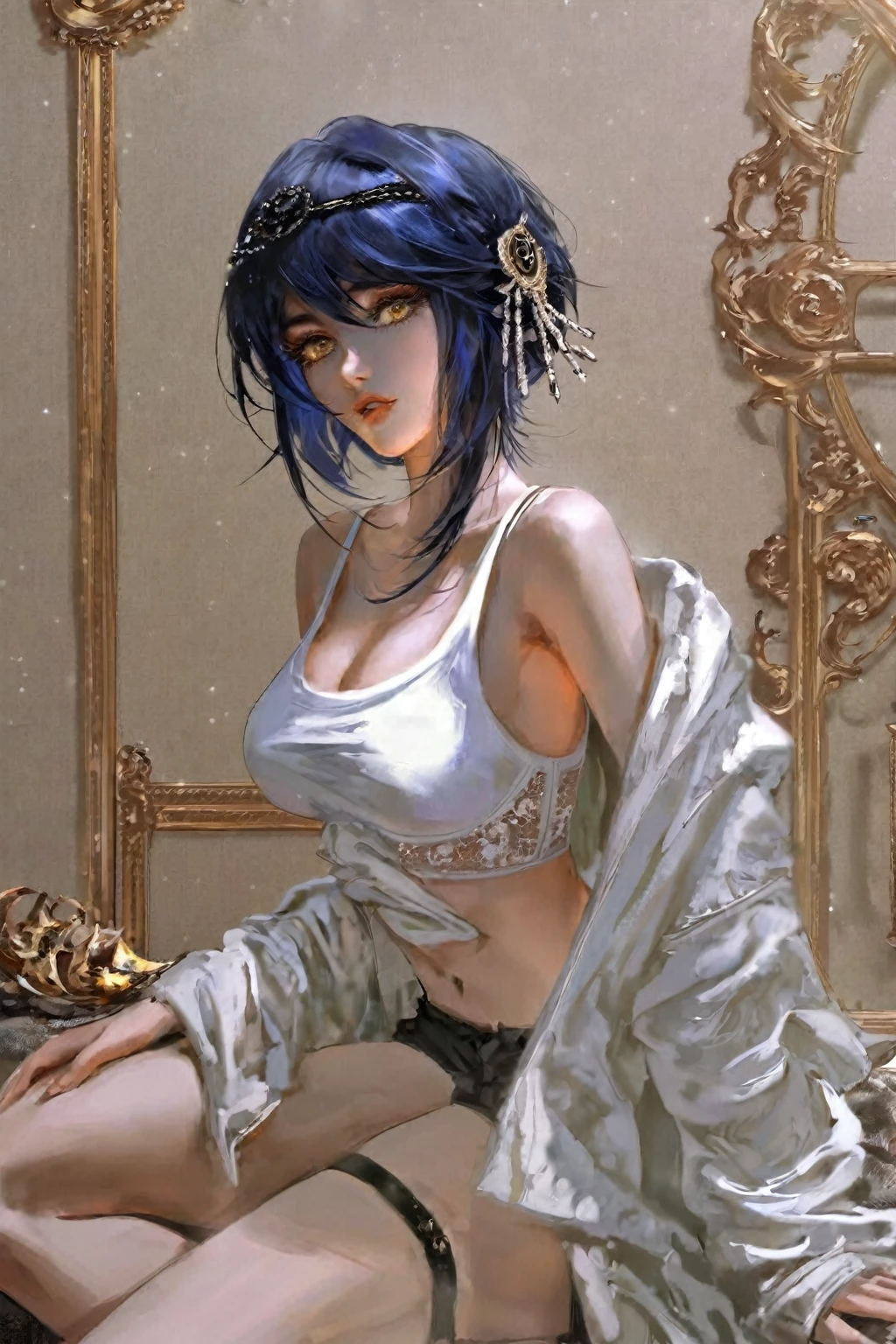 masterpiece, absurdres, very aesthetic, amazing quality, (by nixeu:0.6), by rella, 1girl, full body, milf body, Kujou Sara \(genshin impact\), blue hair, [[sparkling eyes]], golden eyes, detailed lips, parted lips, (solo), seductive pose, (intricate bra, open t-shirt), ((t-shirt)), long sleeves, collarbone, bare shoulders, adidas shorts , thigh, depth of field, outdoor, lustrous skin, pseudo-impasto, (simple background), ((white background , studio photo)), deep cleavage, navel