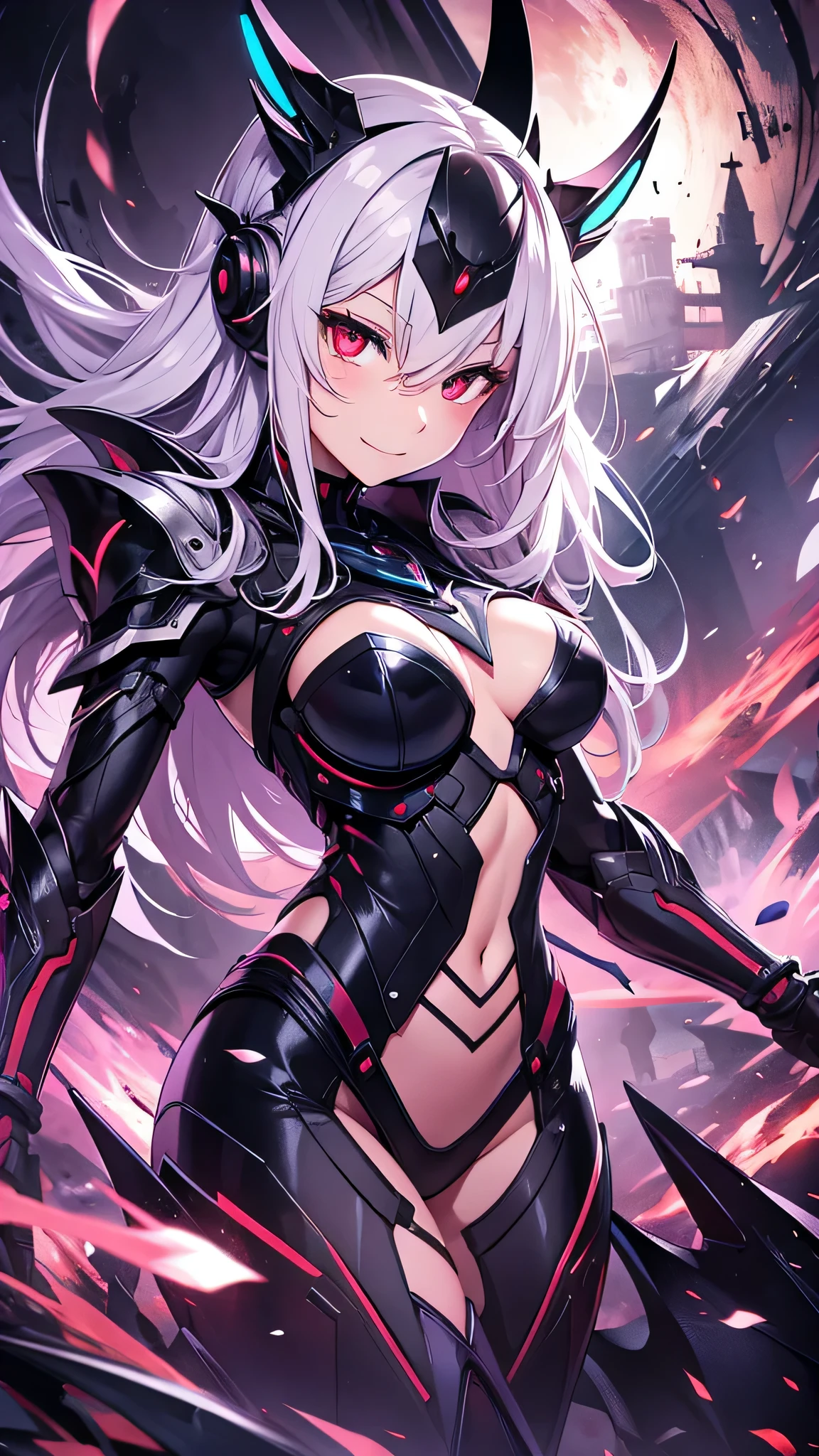 最high quality、best image quality、masterpiece、android girl((18-year-old、 By becoming、vest bust、medium bust,wide open breast tea、red glowing eyes, water hair、messy hair、long hair、thin,highest valley、Blue robot body、Shiny red body、Close ~ eyes、attack、Show the whole body、robot arm、robot feet、villain、evil smile、bad smile、laugh loudly、villain pose、Black robot wings,sharp nails、prick々New body parts、With a big sword、floating in the air)),high quality、beautiful art、background((dark bio facility、dark room、Infrared Sensor、red lighting、evil aura))、Flight、debris flies、Depth of written boundary、movie、visual art、perfect art、8K,genuine、