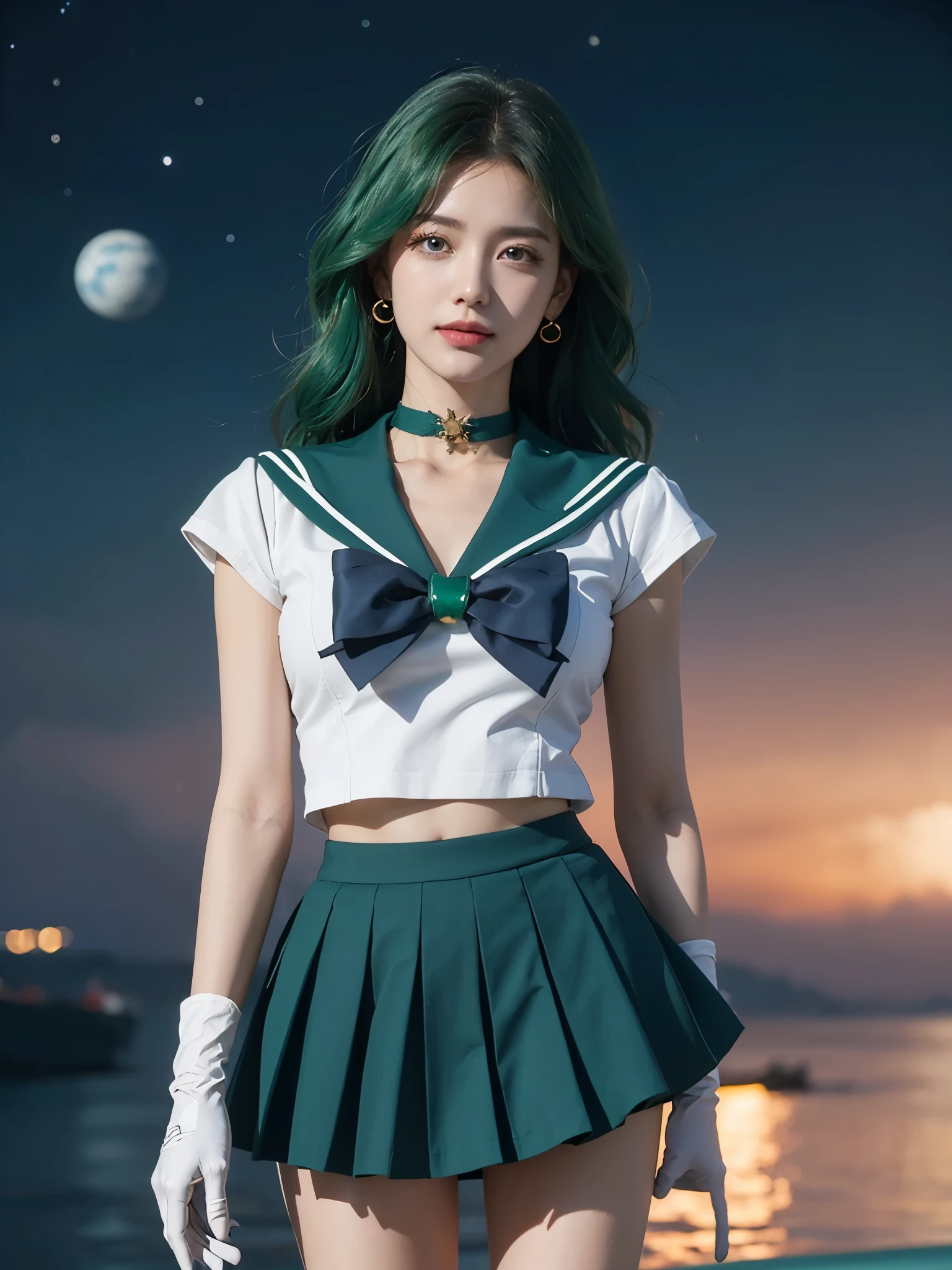 space background, ((HD Real, Sama1 level)), extreme real, masterpiece, best quality, high quality, Sama1, space, amazing beauty, upper body shot, 1 girl, chest, Gloves, Lips, alone, Sailor Neptune, aqua blue eyes, uniform, See more1, tiara, 세일러 센시 uniform, (RAW photos, best quality), masterpiece, Floating dark green hair, Green Sailor Color, curtsey, choker, 흰 Gloves, green choker, elcurtsey gloves, bijouterie, earring, green skirt, Outsole, whole body, dark green medium hair, (perfect hands): 3.8, octane rendering, Goddess of the Sea, (enlargement: 1.2) beautiful eyes in detail, enlargement, small eyes, look at the viewer, to8 contrast style, octane line art, space background, Neptune, sea effect, green, soft smile, Squint your eyes with a smile, hands down, earth background,masterpiece, 4K, very detailed, enlargement, 1 girl, Sailor Neptune, aqua blue eyes, 짙은 green 머리카락, medium hair, (Sailor Neptune uniform:1.1), plea skirt, curtsey, dynamic pose, best quality, masterpiece, high resolution, intricate details, (realistic)), photography, earring, bijouterie, 흰 Gloves, 중간 chest, whole body, 흰 Gloves, sailor collar, Sailor Neptune, clean skin,enlargement, 1 woman, Sailor Neptune, aqua eye, 짙은 green 머리카락,  pleated skirt, curtsey, dynamic posture, dynamic background, , best quality, masterpiece, high resolution, intricate details, (( realistic )), of the photo, earring, bijouterie, 흰 Gloves, 중간 chest, whole body, 흰 Gloves, sailor collar