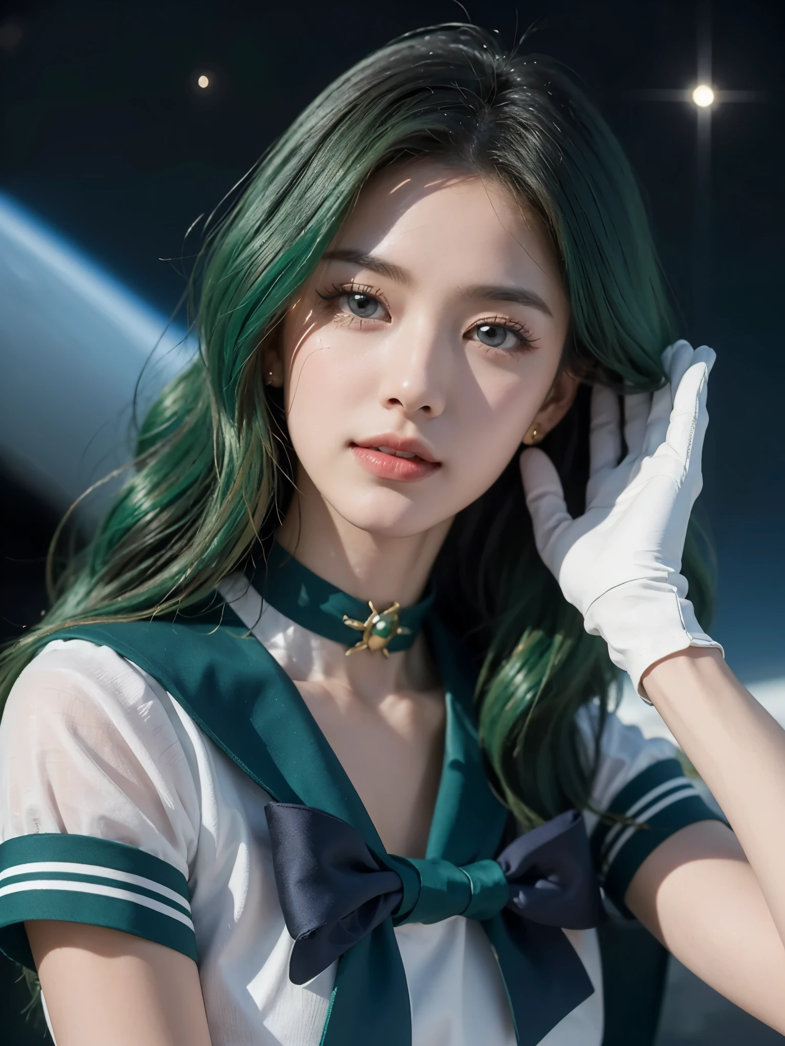 space background, ((HD Real, Sama1 level)), extreme real, masterpiece, best quality, high quality, Sama1, space, amazing beauty, upper body shot, 1 girl, chest, Gloves, Lips, alone, Sailor Neptune, aqua blue eyes, uniform, See more1, tiara, 세일러 센시 uniform, (RAW photos, best quality), masterpiece, Floating dark green hair, Green Sailor Color, curtsey, choker, 흰 Gloves, green choker, elcurtsey gloves, bijouterie, earring, green skirt, Outsole, whole body, dark green medium hair, (perfect hands): 3.8, octane rendering, Goddess of the Sea, (enlargement: 1.2) beautiful eyes in detail, enlargement, small eyes, look at the viewer, to8 contrast style, octane line art, space background, Neptune, sea effect, green, soft smile, Squint your eyes with a smile, hands down, earth background,masterpiece, 4K, very detailed, enlargement, 1 girl, Sailor Neptune, aqua blue eyes, 짙은 green 머리카락, medium hair, (Sailor Neptune uniform:1.1), plea skirt, curtsey, dynamic pose, best quality, masterpiece, high resolution, intricate details, (realistic)), photography, earring, bijouterie, 흰 Gloves, 중간 chest, whole body, 흰 Gloves, sailor collar, Sailor Neptune, clean skin,enlargement, 1 woman, Sailor Neptune, aqua eye, 짙은 green 머리카락,  pleated skirt, curtsey, dynamic posture, dynamic background, , best quality, masterpiece, high resolution, intricate details, (( realistic )), of the photo, earring, bijouterie, 흰 Gloves, 중간 chest, whole body, 흰 Gloves, sailor collar