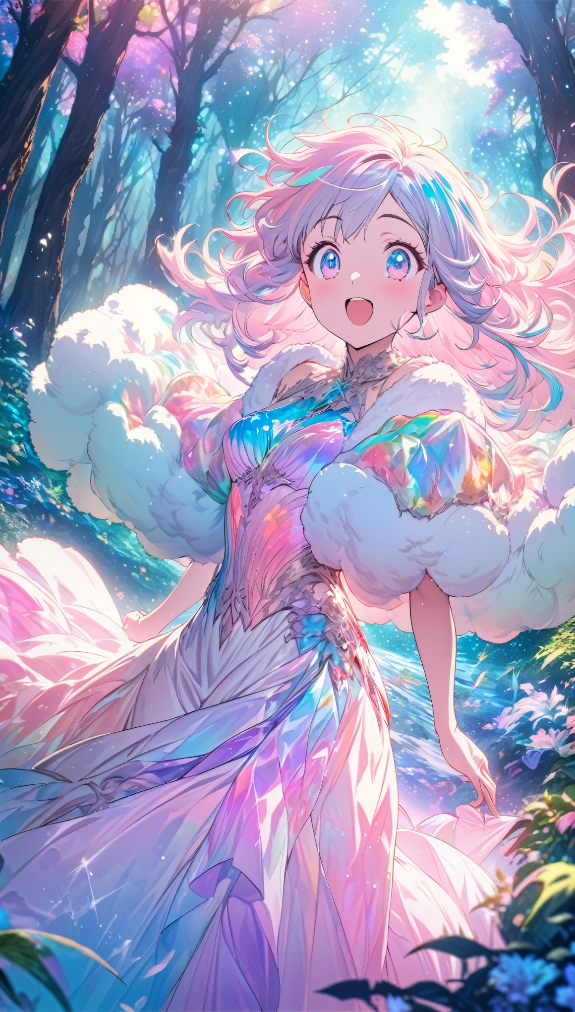 best quality, super fine, 16k, incredibly absurdres, extremely detailed, beautiful woman, excited look, in the forest, fluffy pastel color image style, fantasy world image, fantastic and mysterious, variety of visual styles that combine various artistic elements like a sparkling iridescent pastel and vivid colors