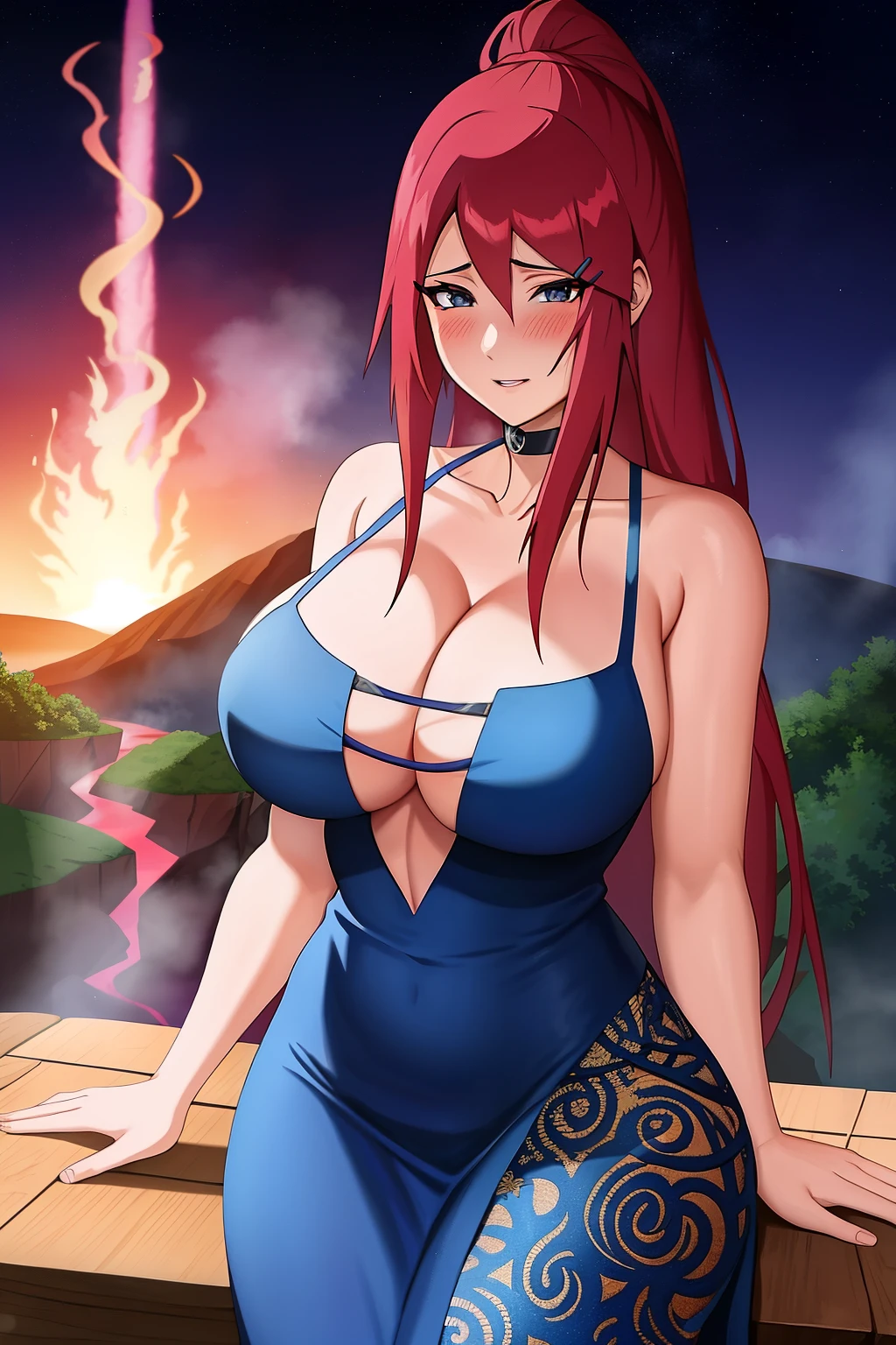 Female Kagé from Naruto Shippuden, with radiant red hair cascading down her shoulders, wears a blue dress that subtly reveals her perfect anatomy and intricately detailed lava jutsu. Her Happy expression is accentuated by a gentle red blush on her cheeks. Her beautiful hands, adorned with perfect nails, rest on the table as she focuses intently on the viewer. The background is set against the backdrop of a mystical, fiery landscape, with steam rising from the lava flow.