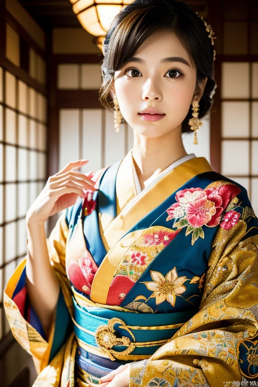 (8k, RAW photo, best quality, perfect ???????, masterpiece:1.2), (realistic, photo-realistic:1.4), (extremely detailed 8k wallpaper), sharp focus, professional lighting, depth of field, cinematic lighting, (Please draw so that the whole body is shown:1.5), 25 years old Beautiful and cute japanese actress, Low - Angle, Traditional Japanese kimono, Furisode:1.3, Graceful pose, Intricate patterns, Vibrant colors, Japanese textile artistry, Traditional Japanese hairstyle, Kanzashi, Ornate hair accessories, Serene atmosphere, Traditional Japanese backdrop, Tatami room, Japanese garden, Sophisticated beauty, Timeless allure