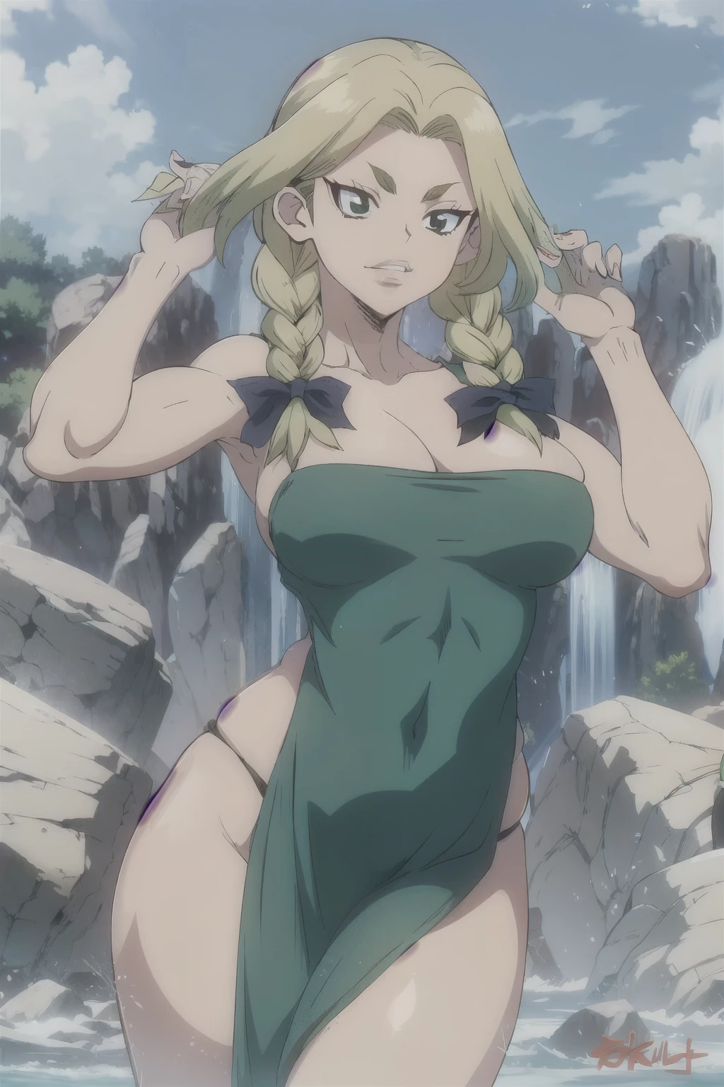 2d anime, woman, Nikki Hanada from Dr. Stone, yellow green hair with braided pigtails, black narrowed eyes, thick lips, green cloth, muscular, big breasts, hips, sexy, fair skin, masterpiece, best quality