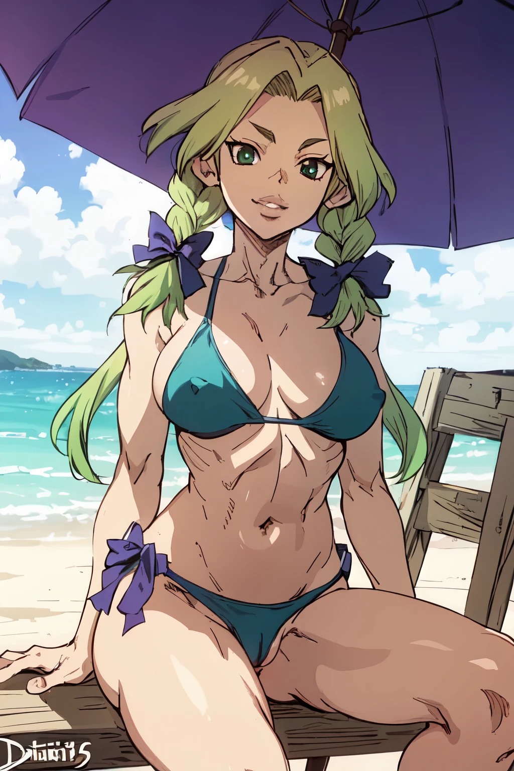 2d anime, woman, Nikki Hanada from Dr. Stone, yellow green hair with braided pigtails, black narrowed eyes, thick lips, big breasts, stomach, thighs, sitting, sexy, fair skin, masterpiece, best quality, naked, nude, exposed nipples, pussy, bare breasts, ecchi